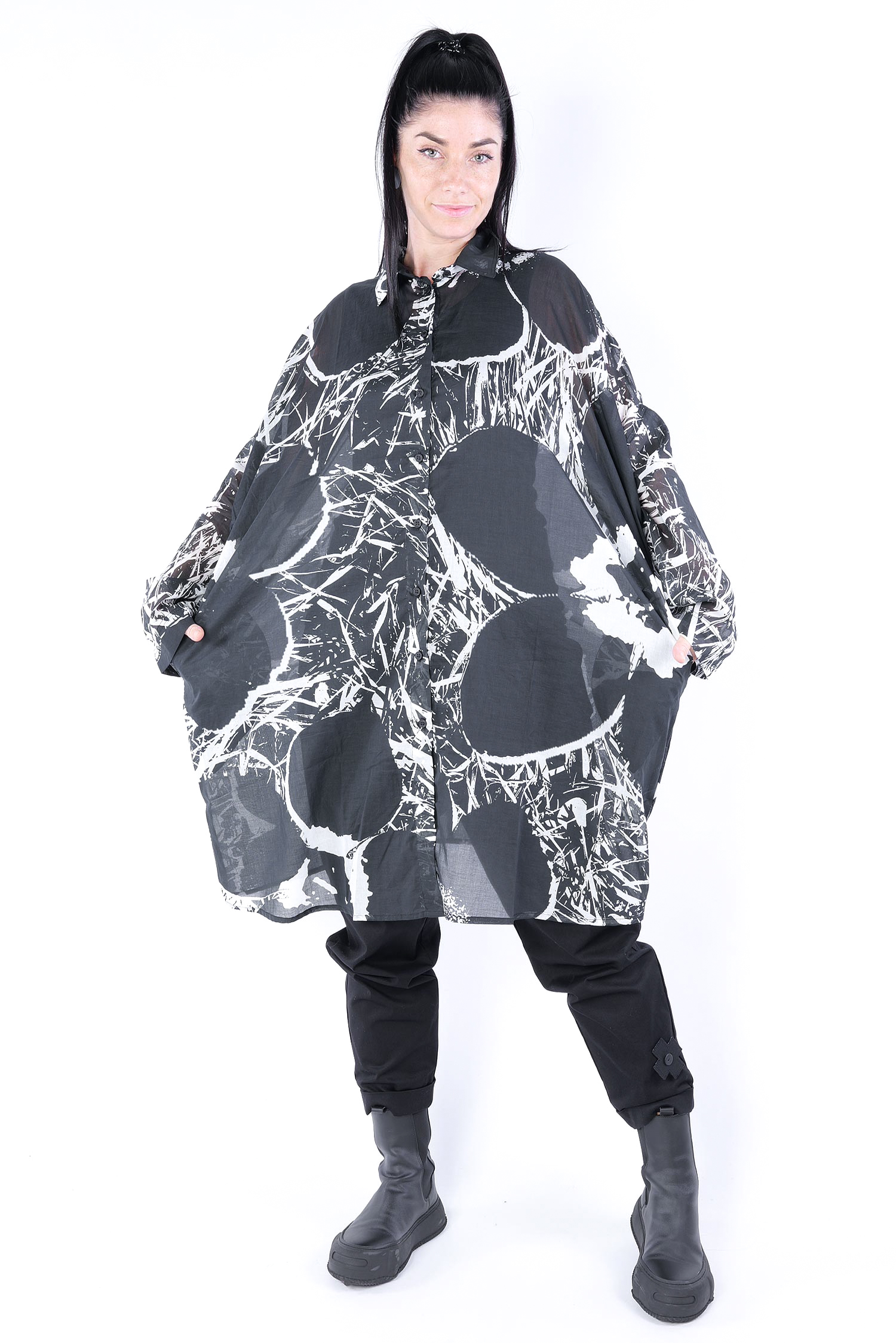 Oversize Bluse - Black offwhite print - 2253600902