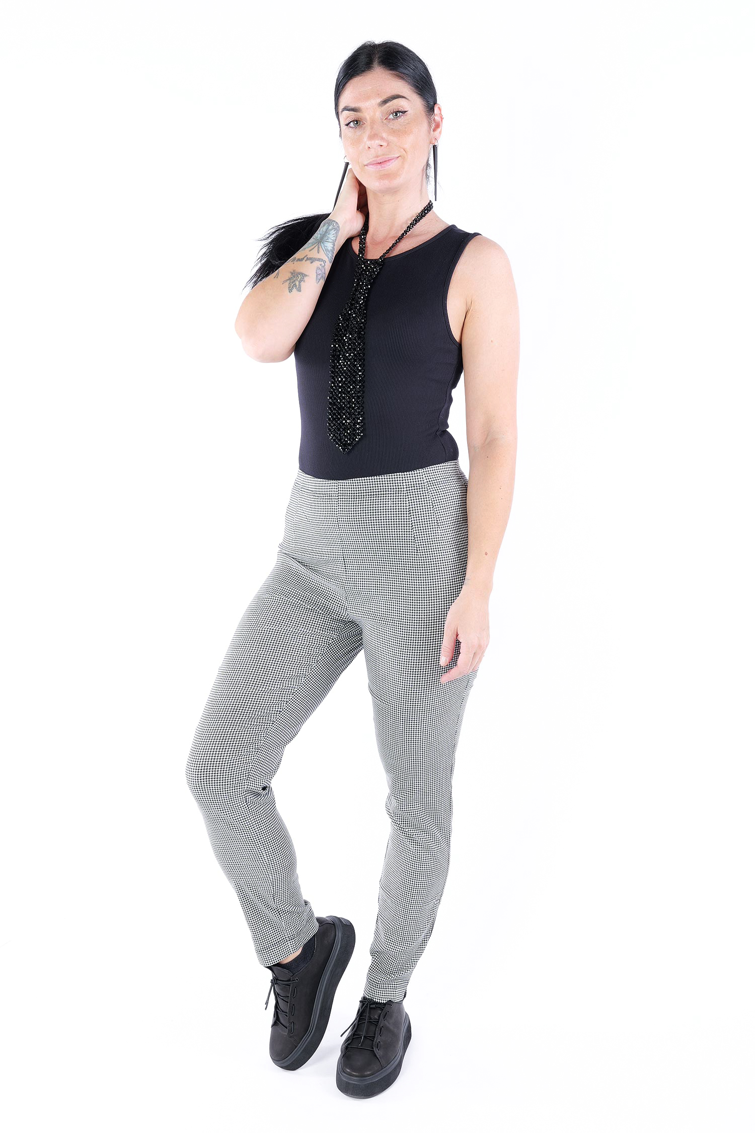 Schmale Stretchhose - Black offwhite check - 2253440132