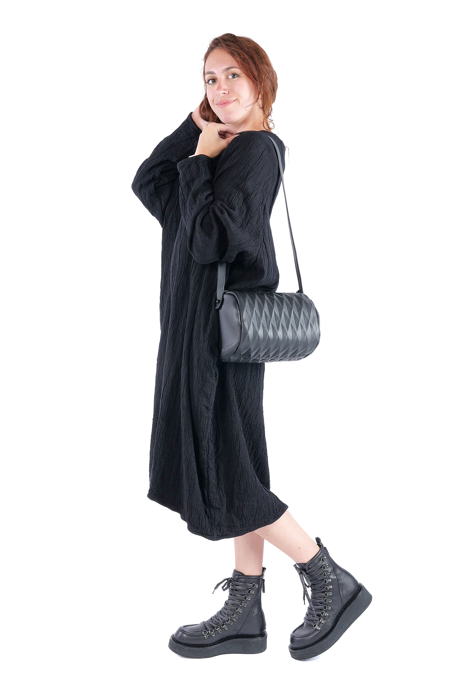Leder Handtasche - Schwarz - Bowling Bag