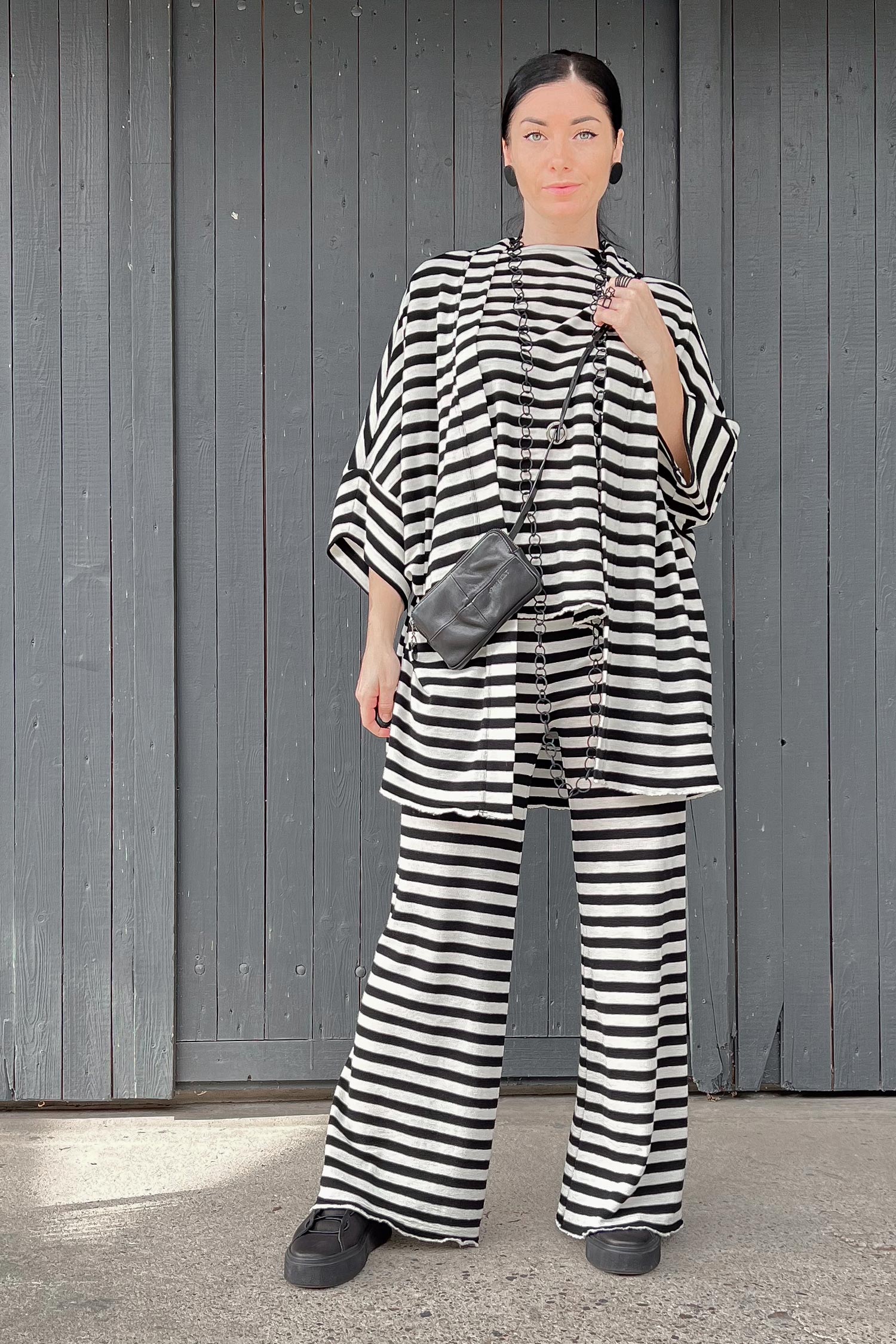 Gestreifte Merinohose - white/black-breite Streifen - 3010