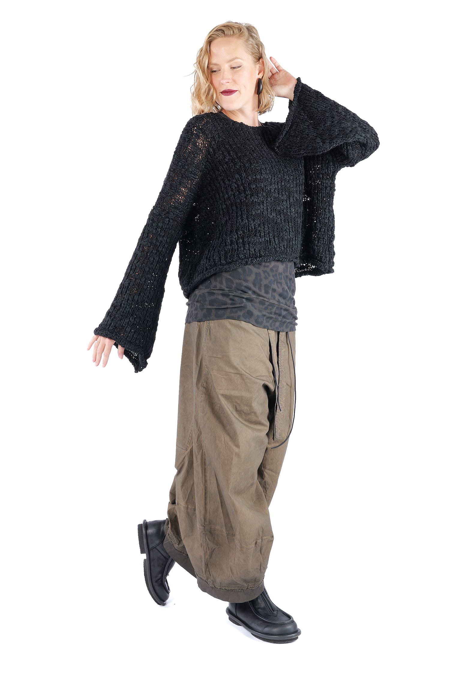 Kurzer Grobstrickpullover - Schwarz - W5520