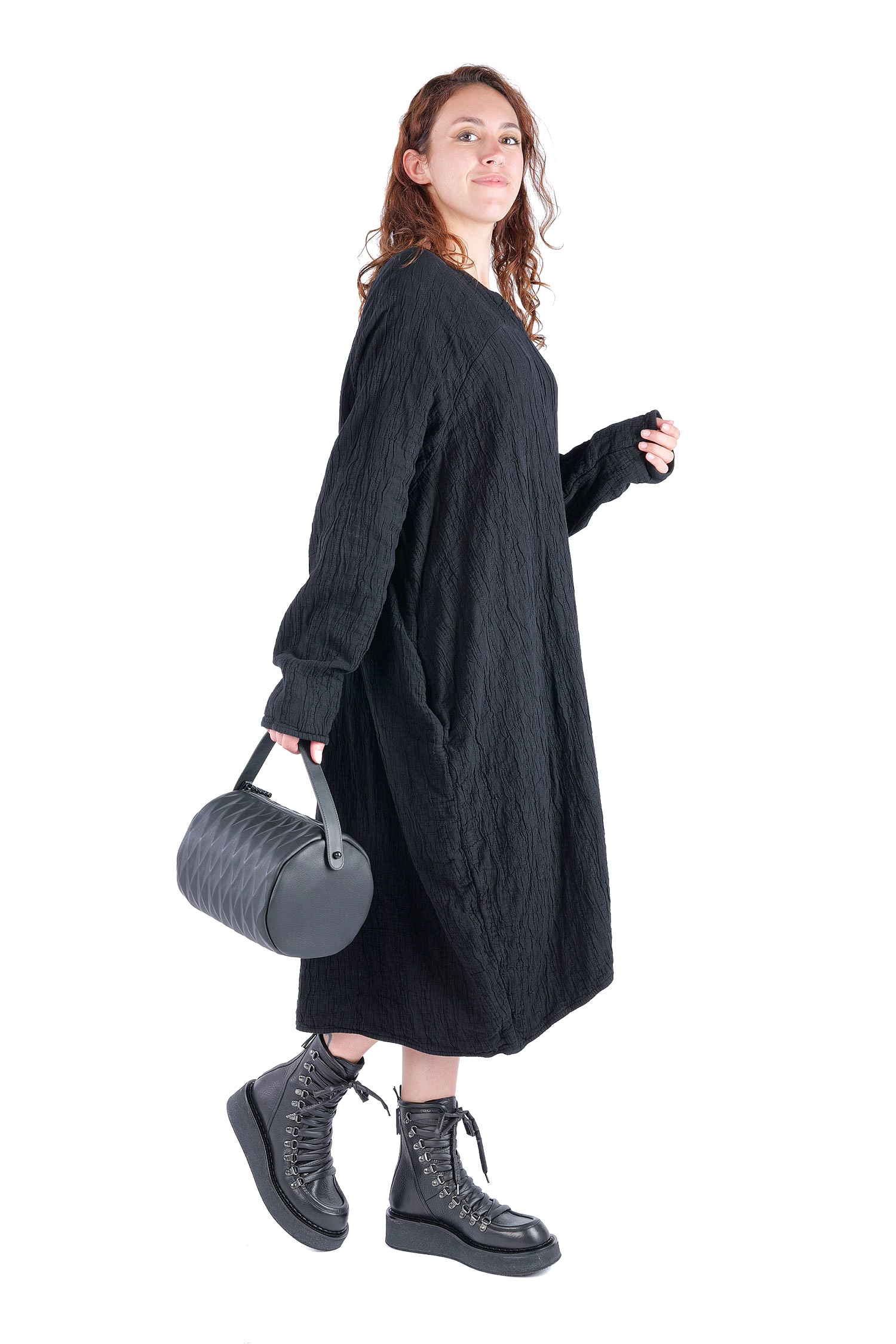 Leder Handtasche - Schwarz - Bowling Bag