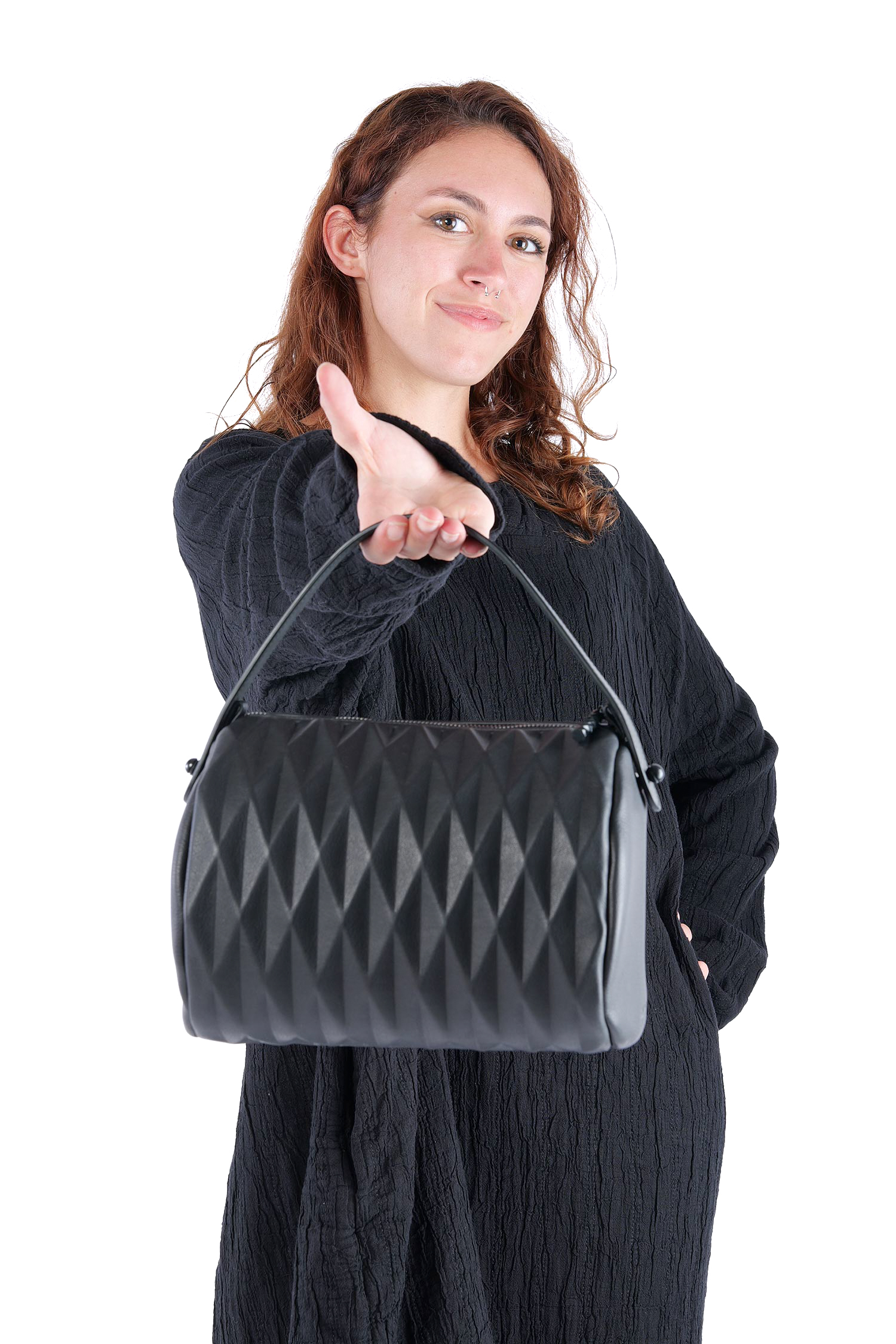 Leder Handtasche - Schwarz - Bowling Bag