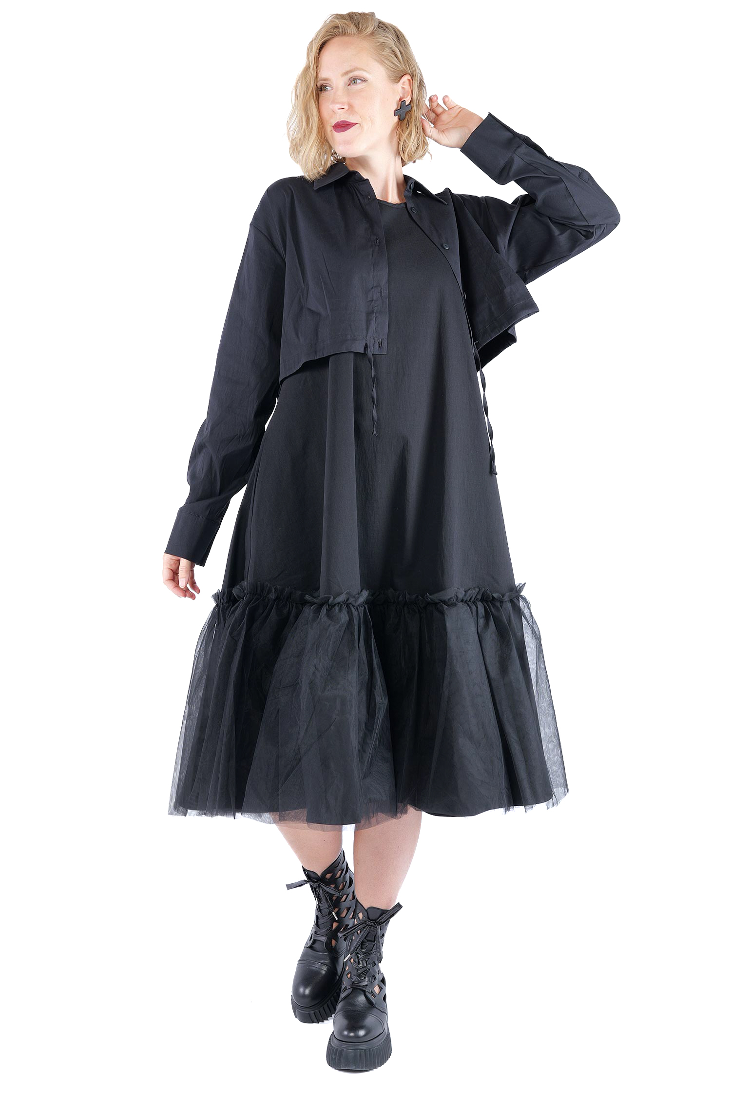 Kurze Stretchbluse - Black print - 4032