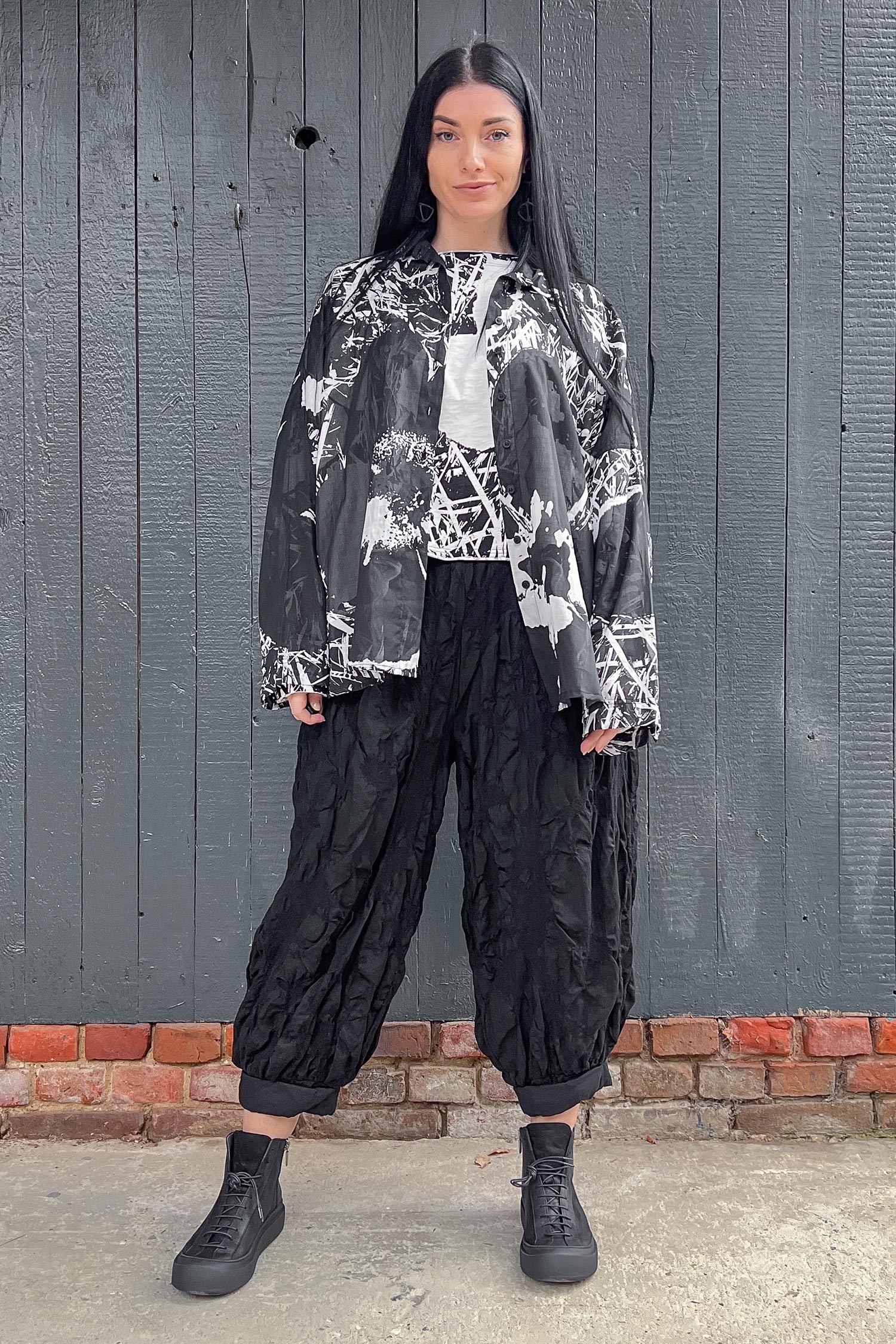 Oversize Bluse - Black offwhite print - 2253600401
