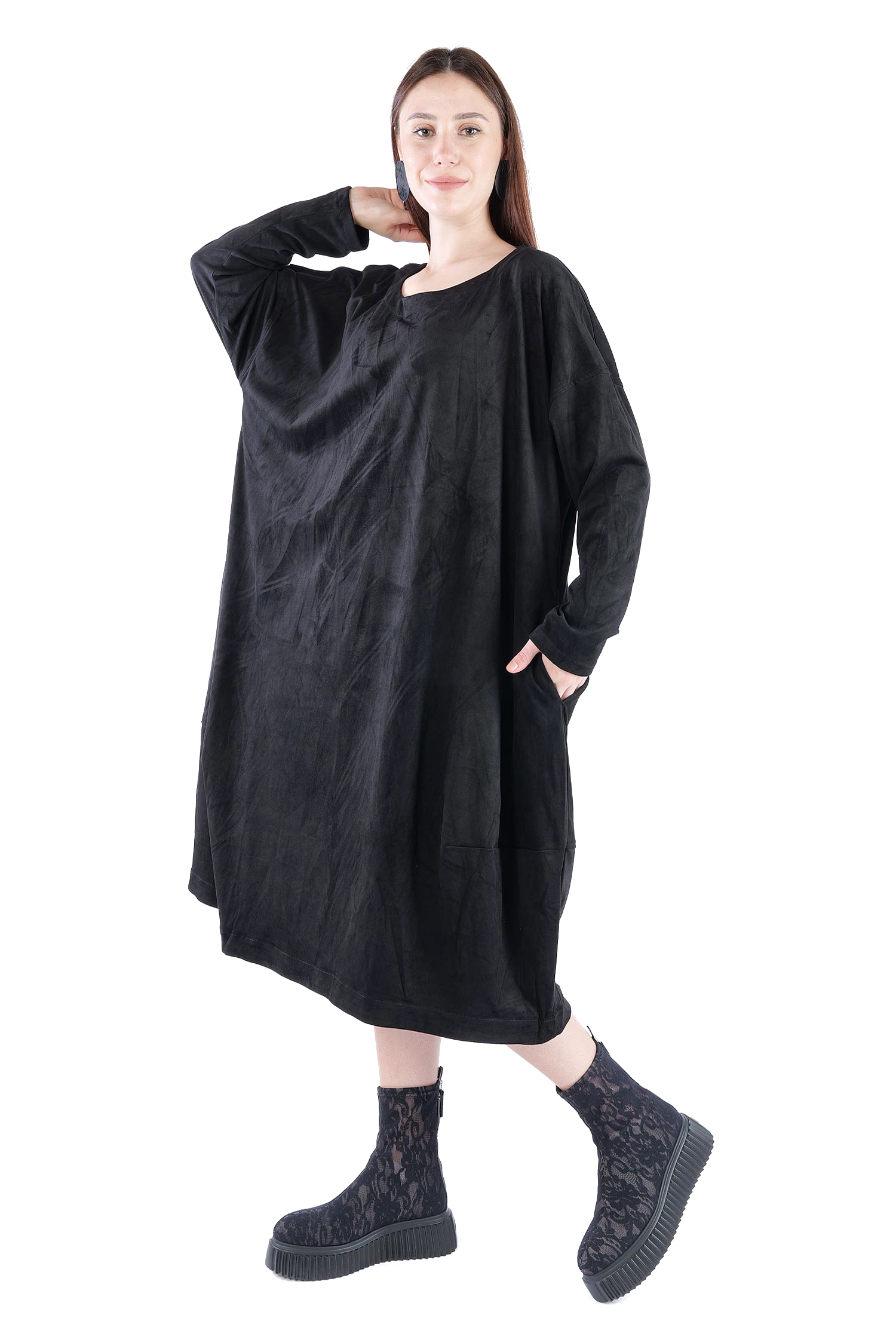 Velour-Optik Kleid - Schwarz - 2263300913