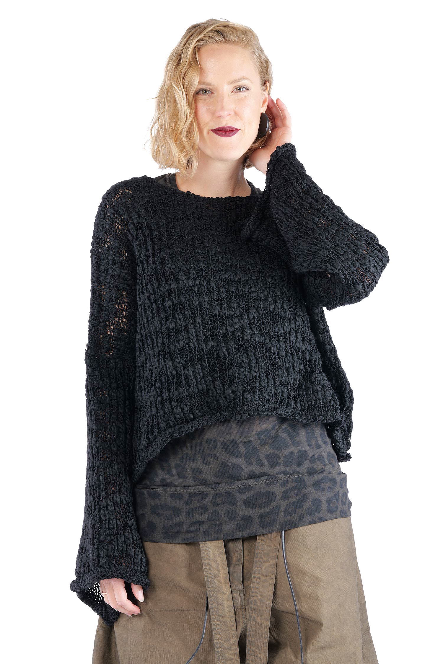 Kurzer Grobstrickpullover - Schwarz - W5520