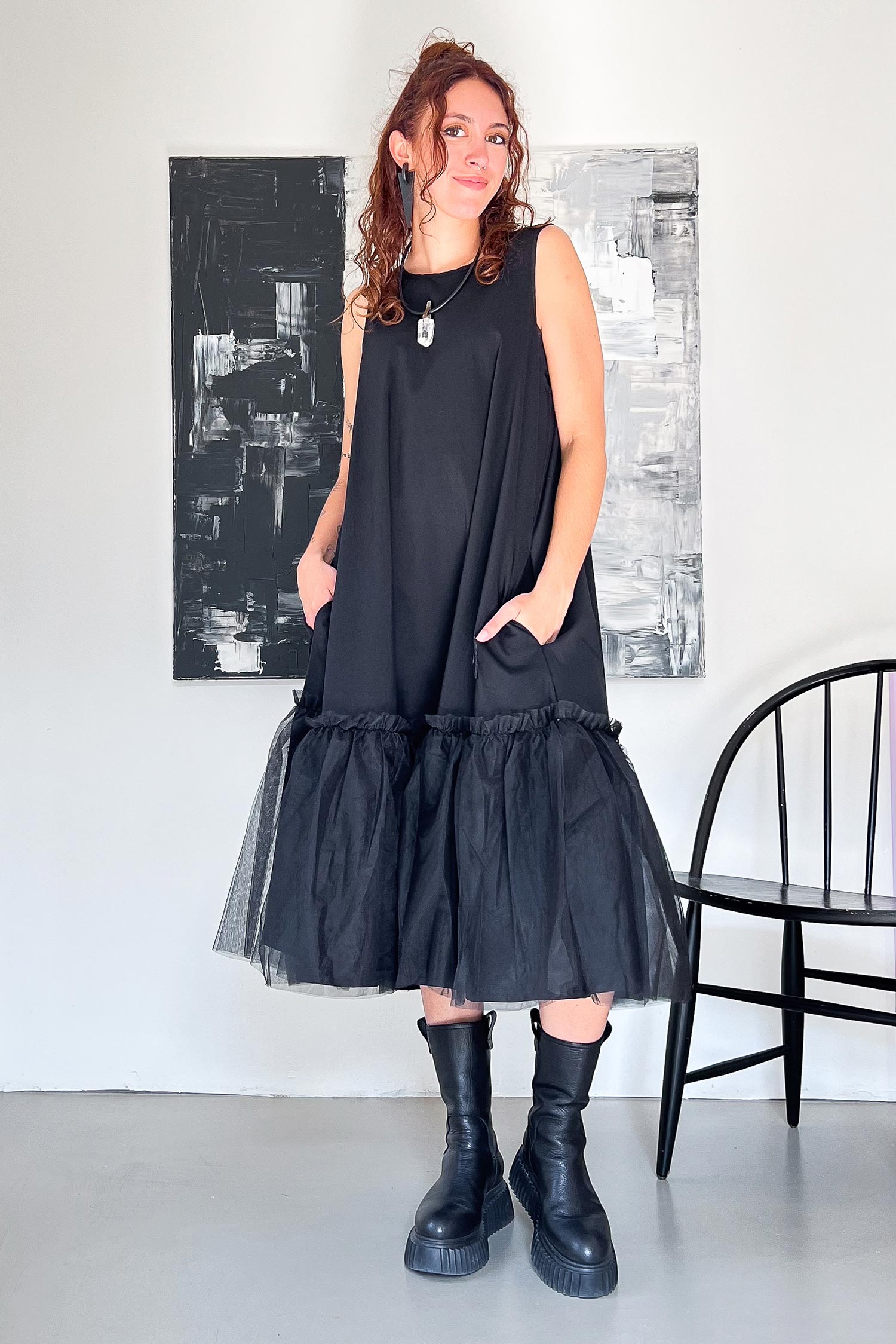 Stretchkleid mit Tüll - Black mesh - 1166