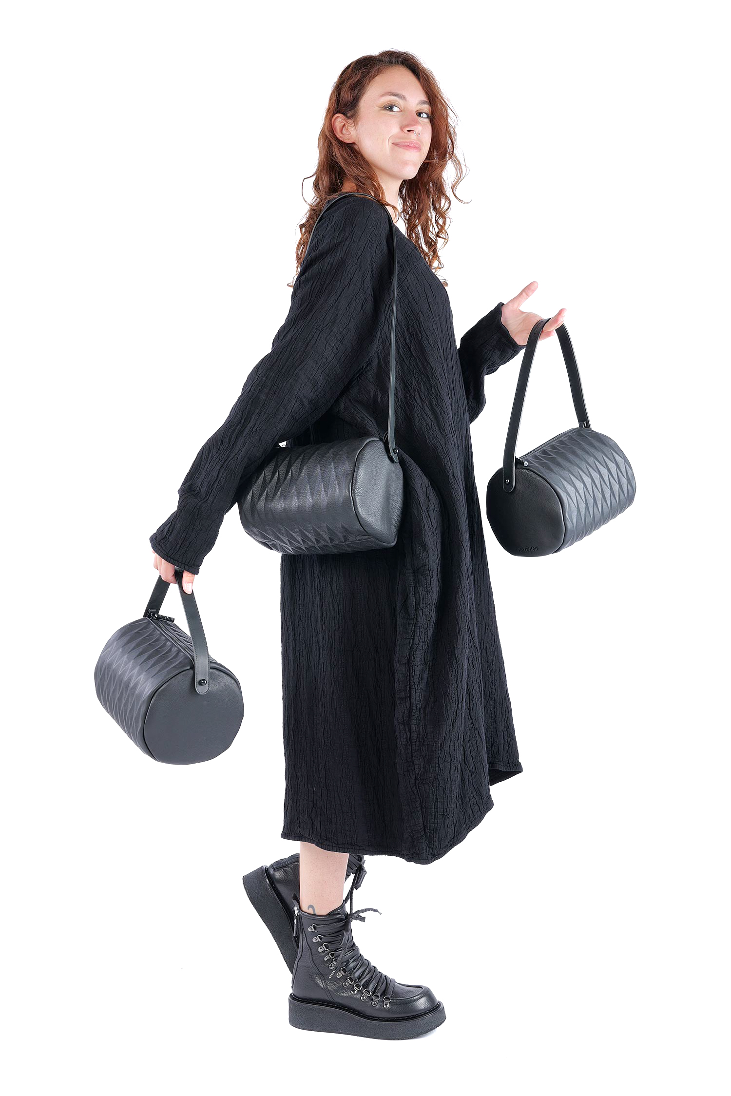 Leder Handtasche - Schwarz - Bowling Bag