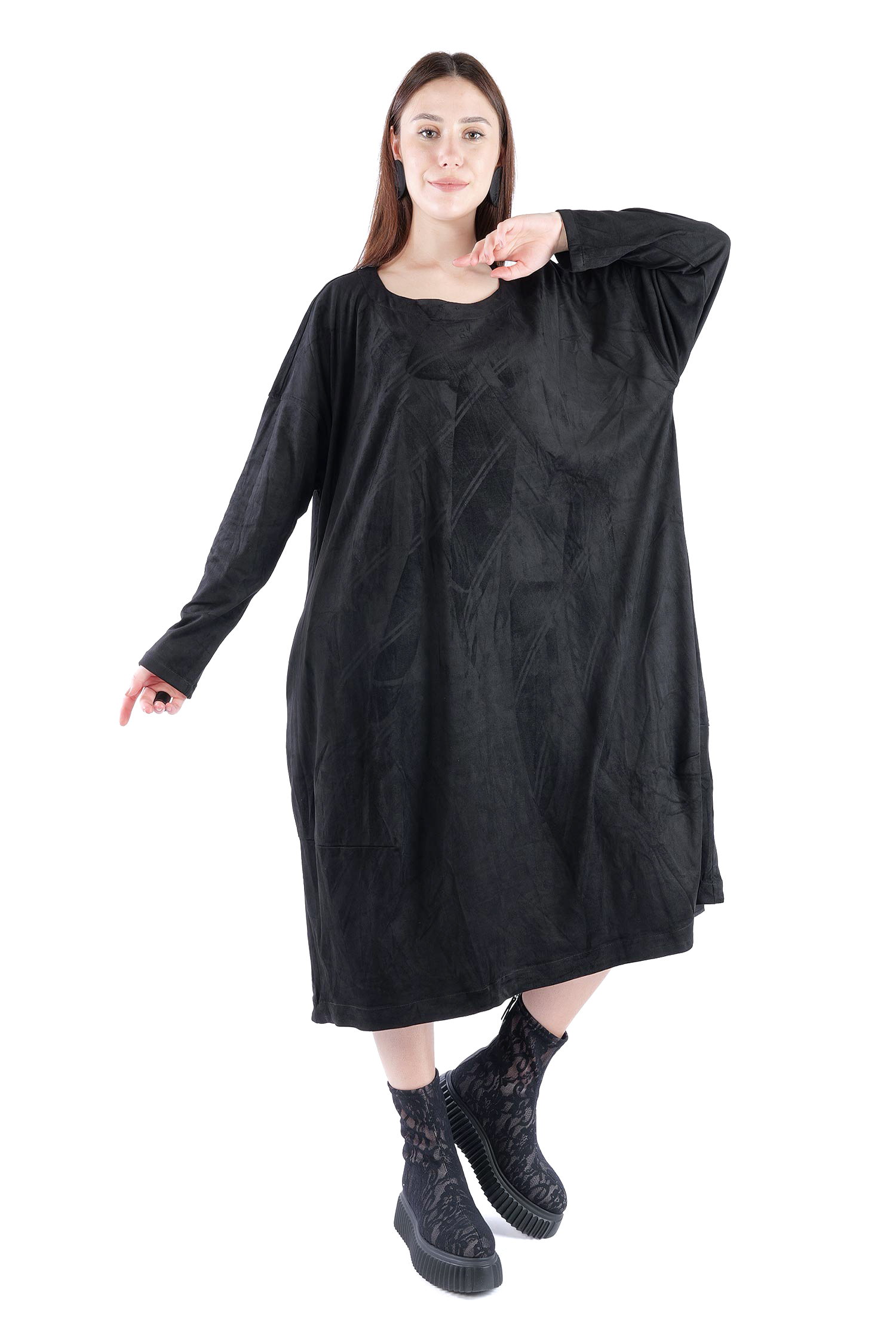 Velour-Optik Kleid - Schwarz - 2263300913
