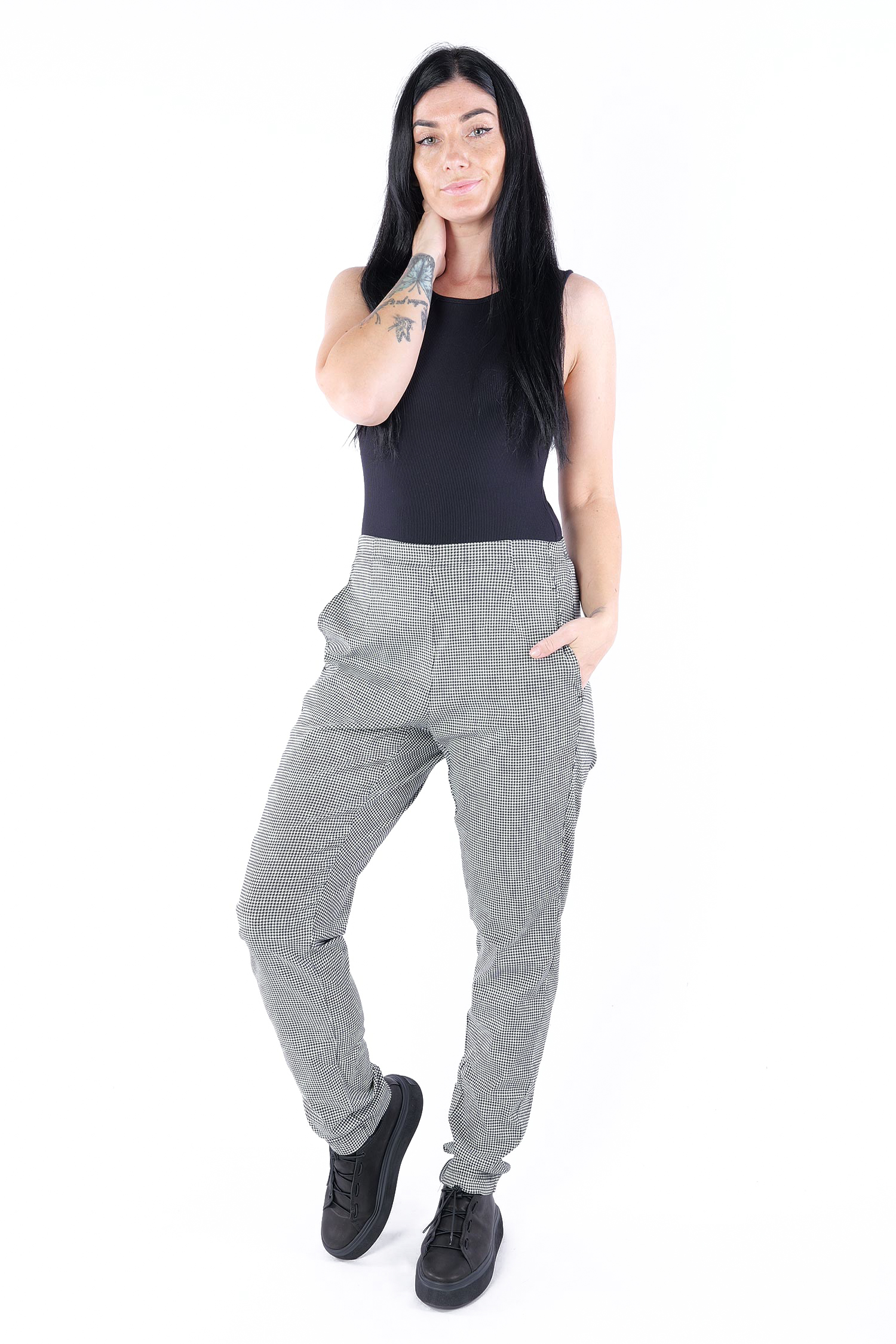 Legere Stretchhose - Black offwhite check - 2253440134