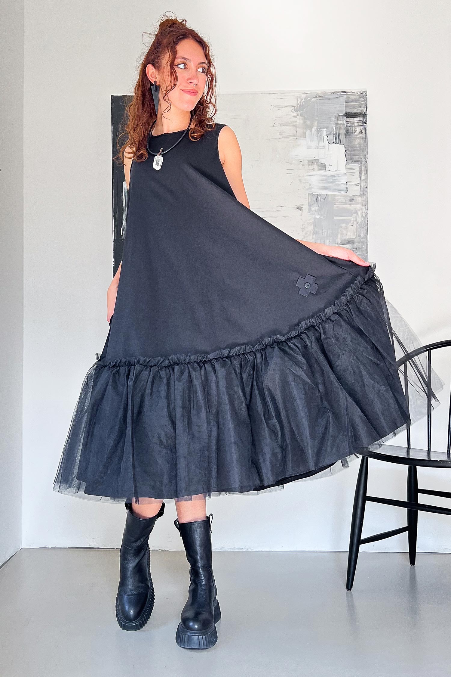 Stretchkleid mit Tüll - Black mesh - 1166