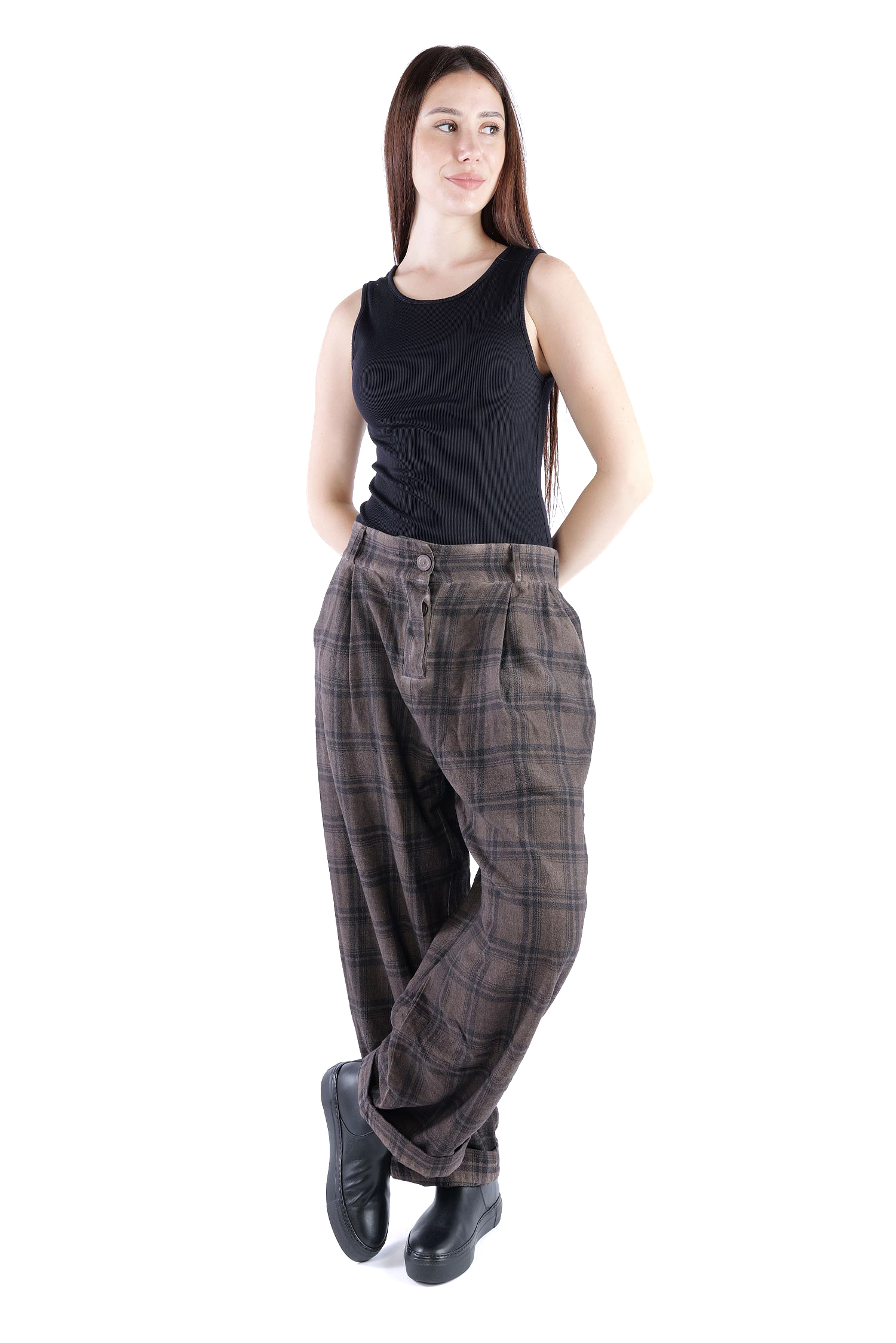 Pleated pants - Truffle old dye check - Casso