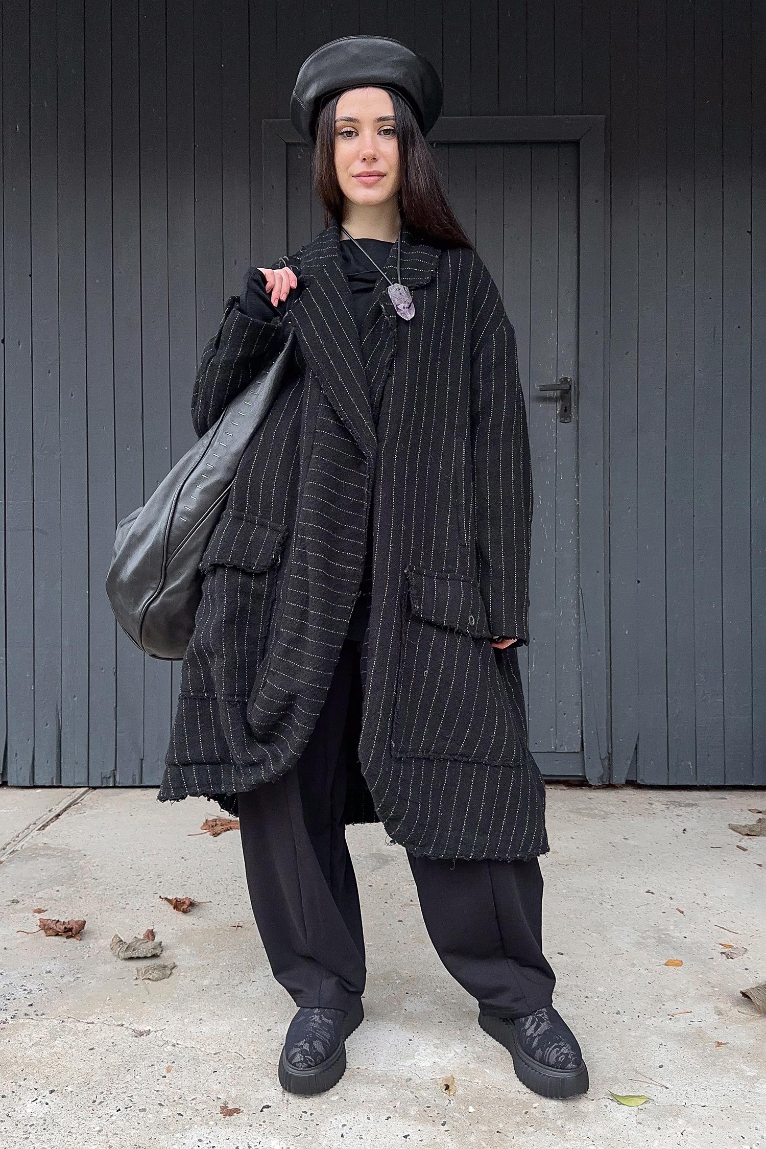 Oversize Wollmantel - Black stripe - 2261151209