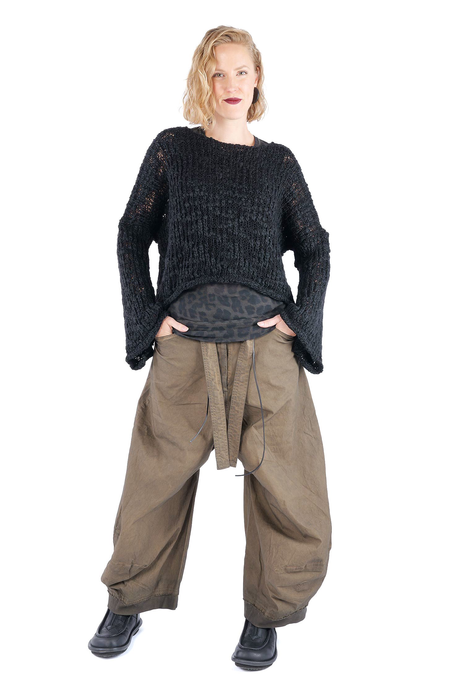 Kurzer Grobstrickpullover - Schwarz - W5520