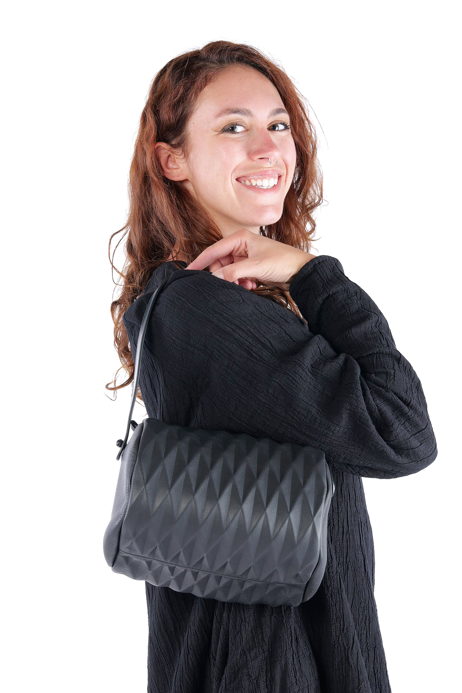 Leder Handtasche - Schwarz - Bowling Bag