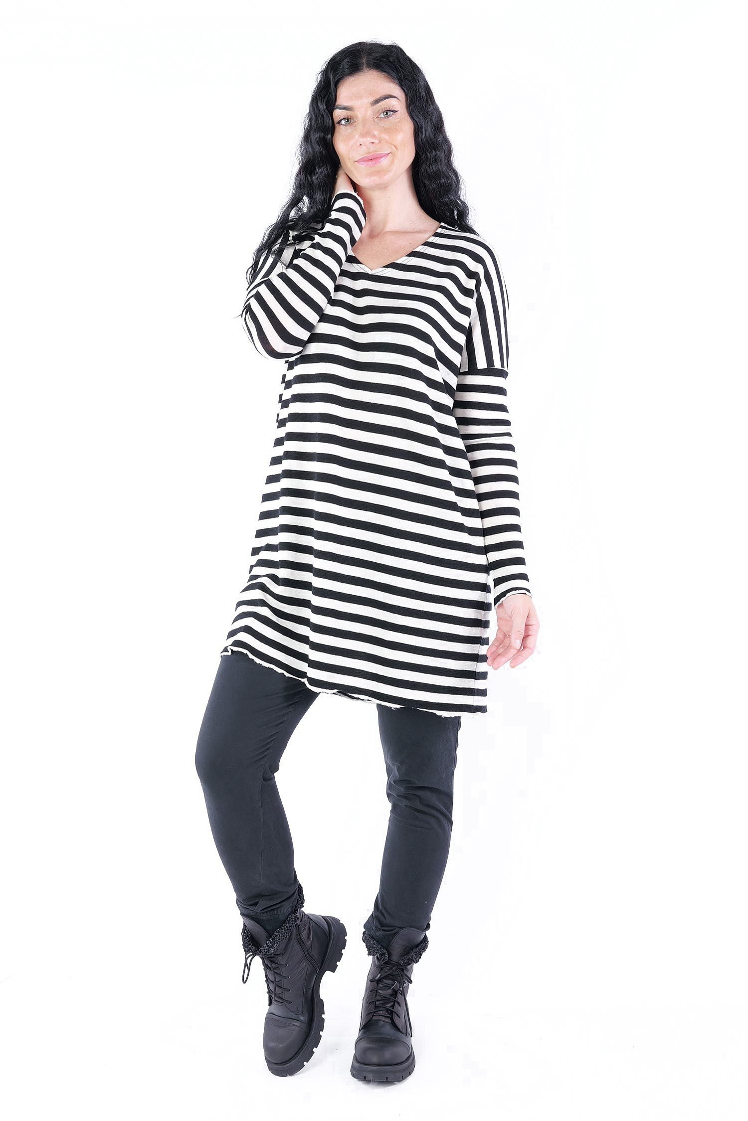 Merino Tunika - White-Black breite Streifen - 6017