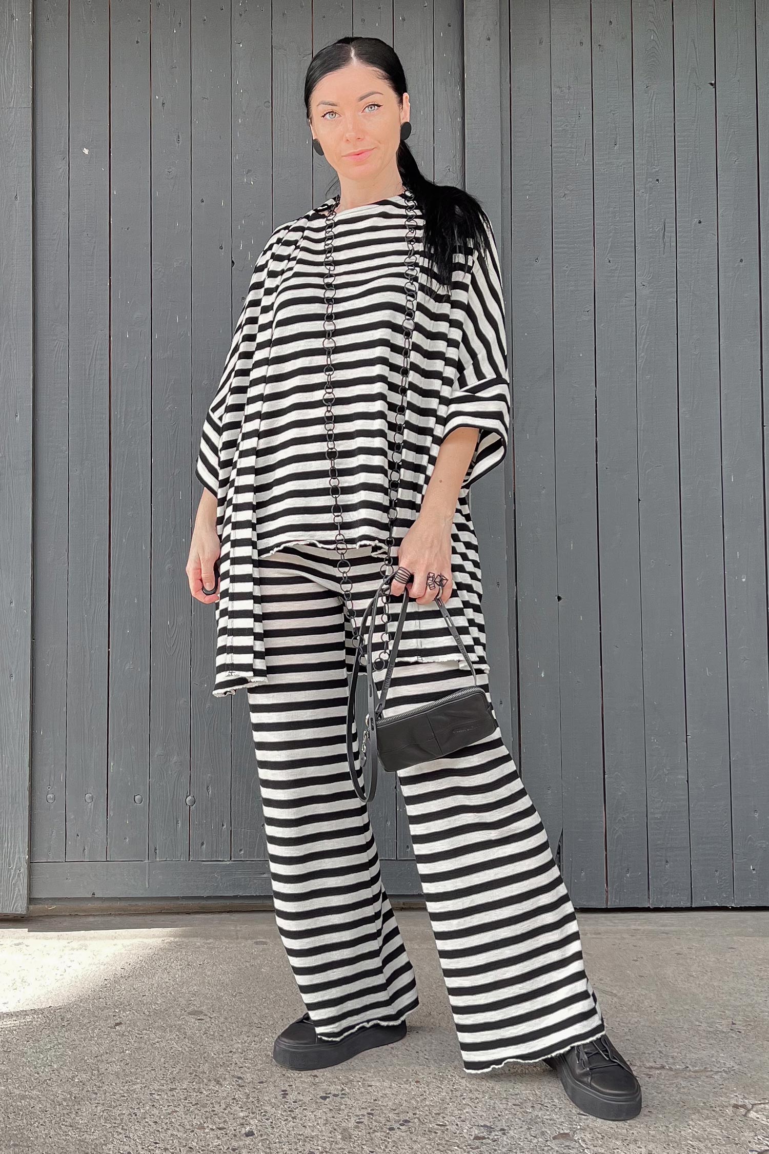 Merino cardigan - white-black wide stripes - 8018