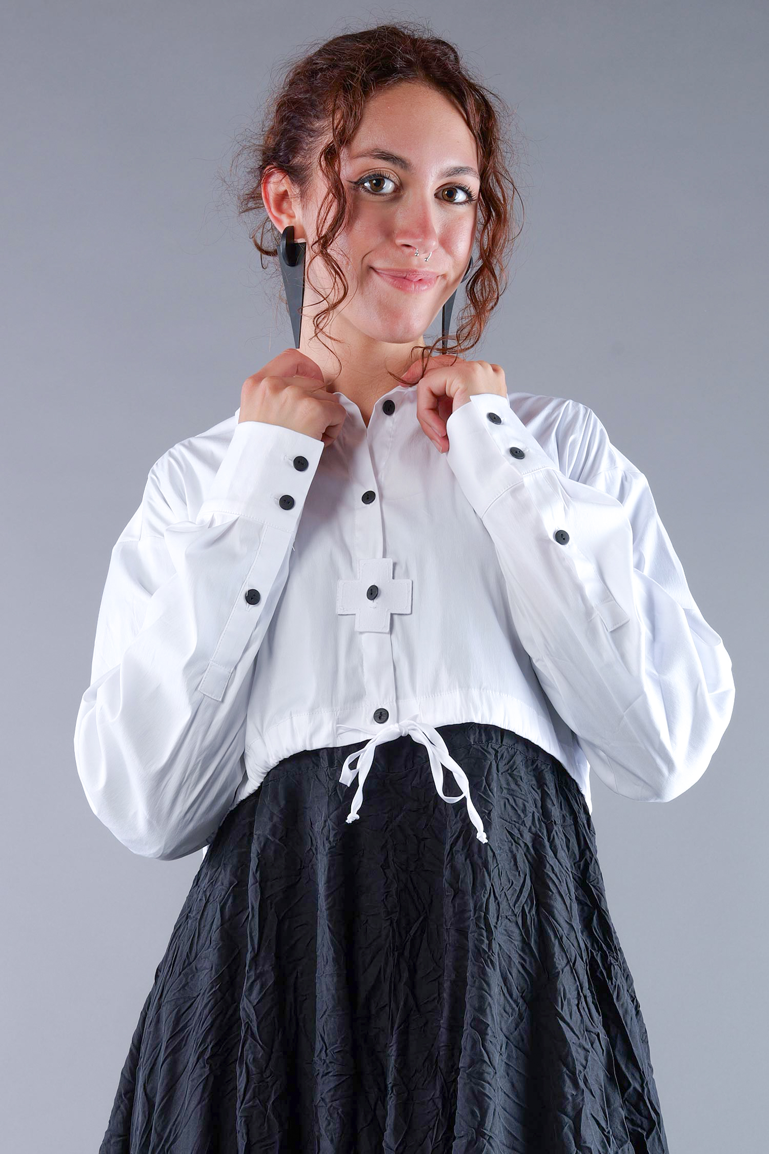 Kurze Stretchbluse - White print - 4032