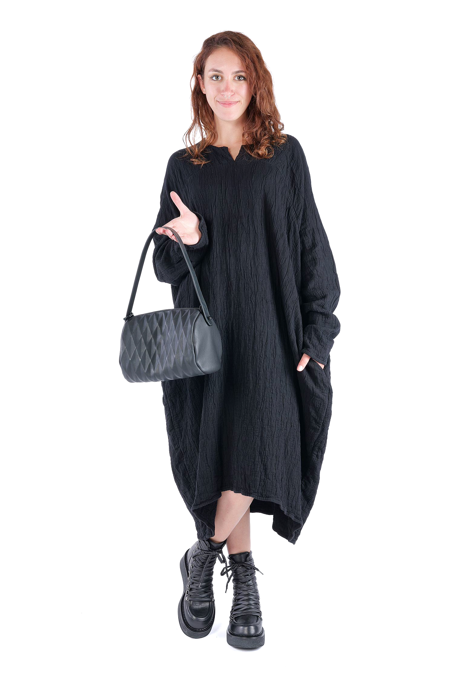 Leder Handtasche - Schwarz - Bowling Bag