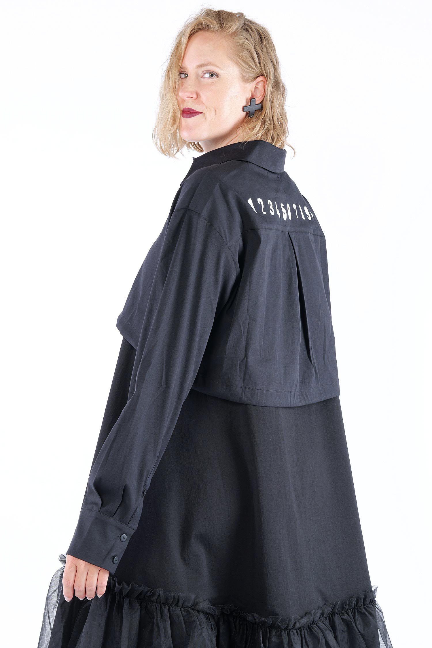 Kurze Stretchbluse - Black print - 4032