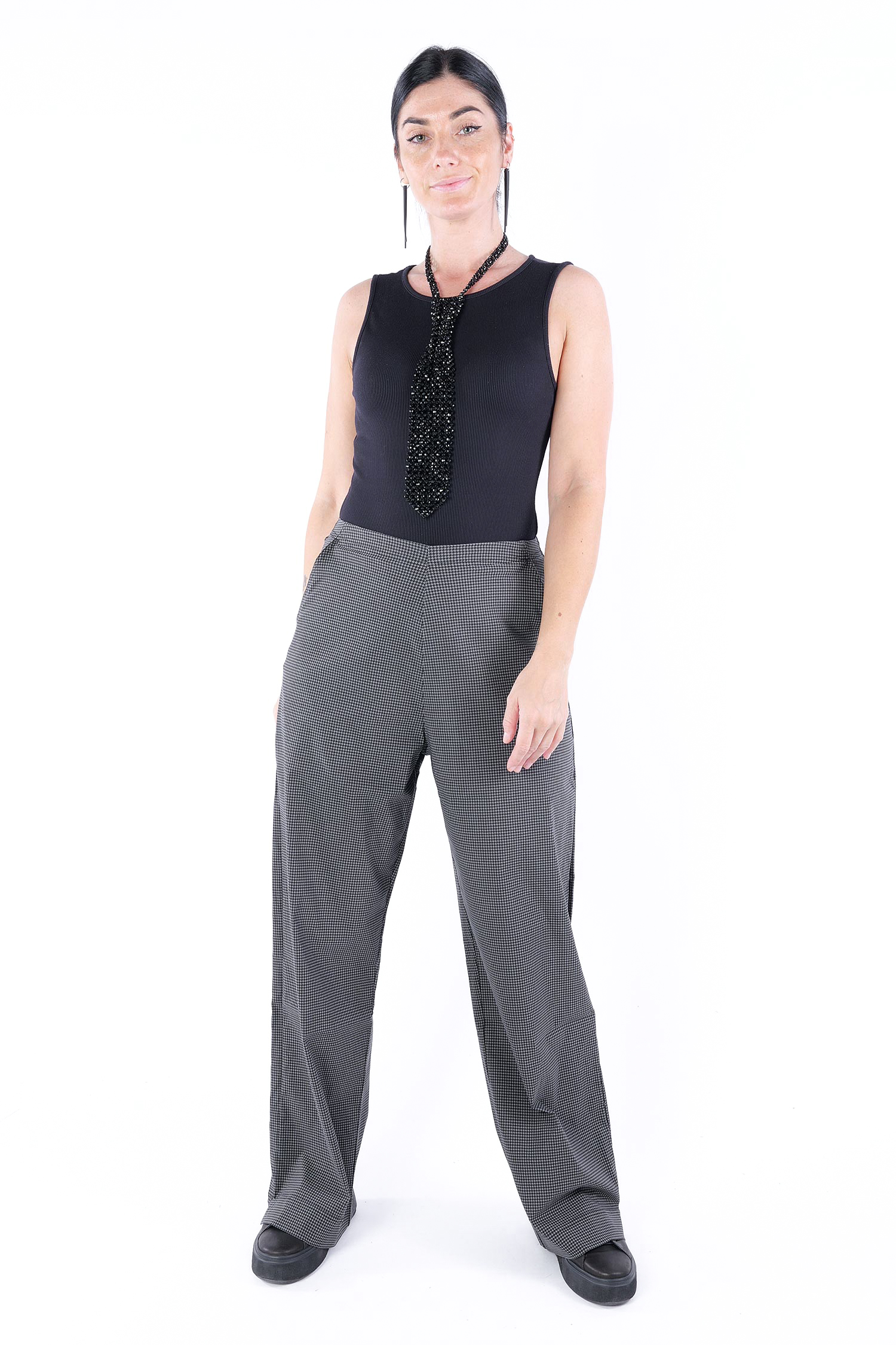 Lange weite Stretchhose - Black check - 2253440135