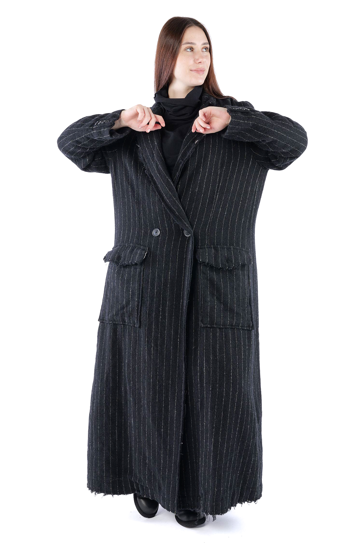 Langer Wollmantel - Black stripe - 2261151210