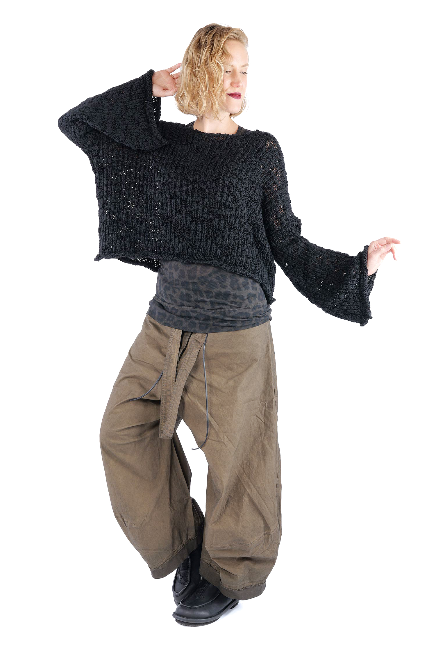 Kurzer Grobstrickpullover - Schwarz - W5520