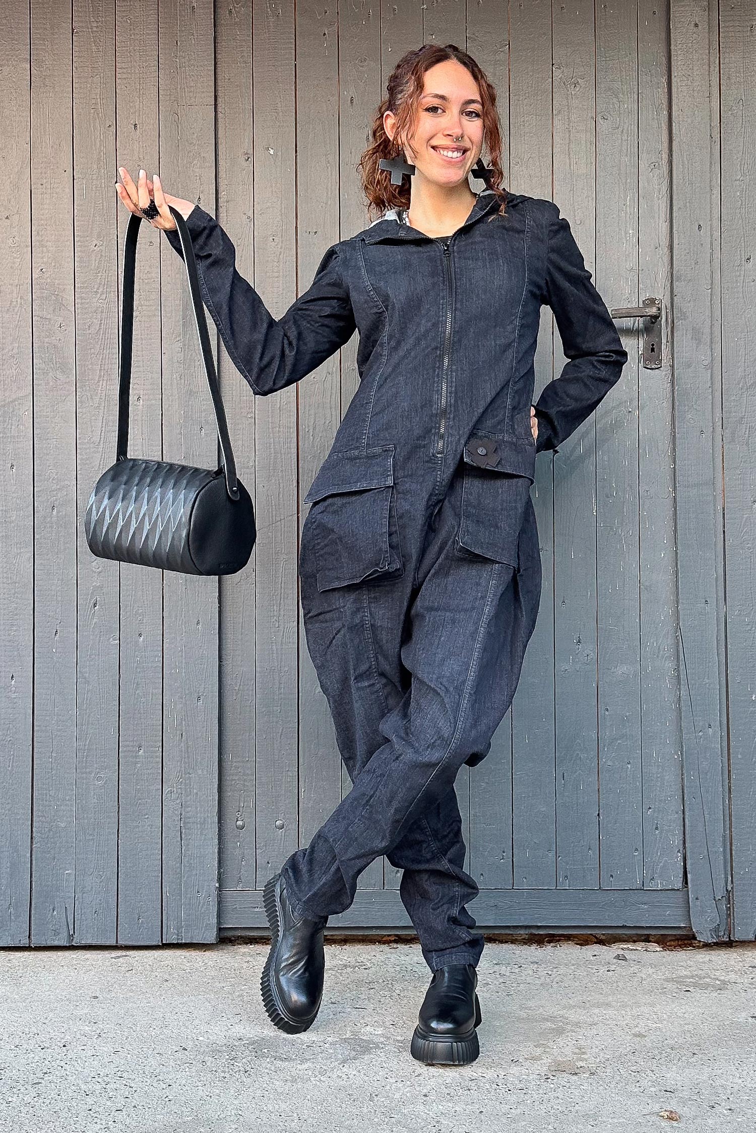 Leder Handtasche - Schwarz - Bowling Bag
