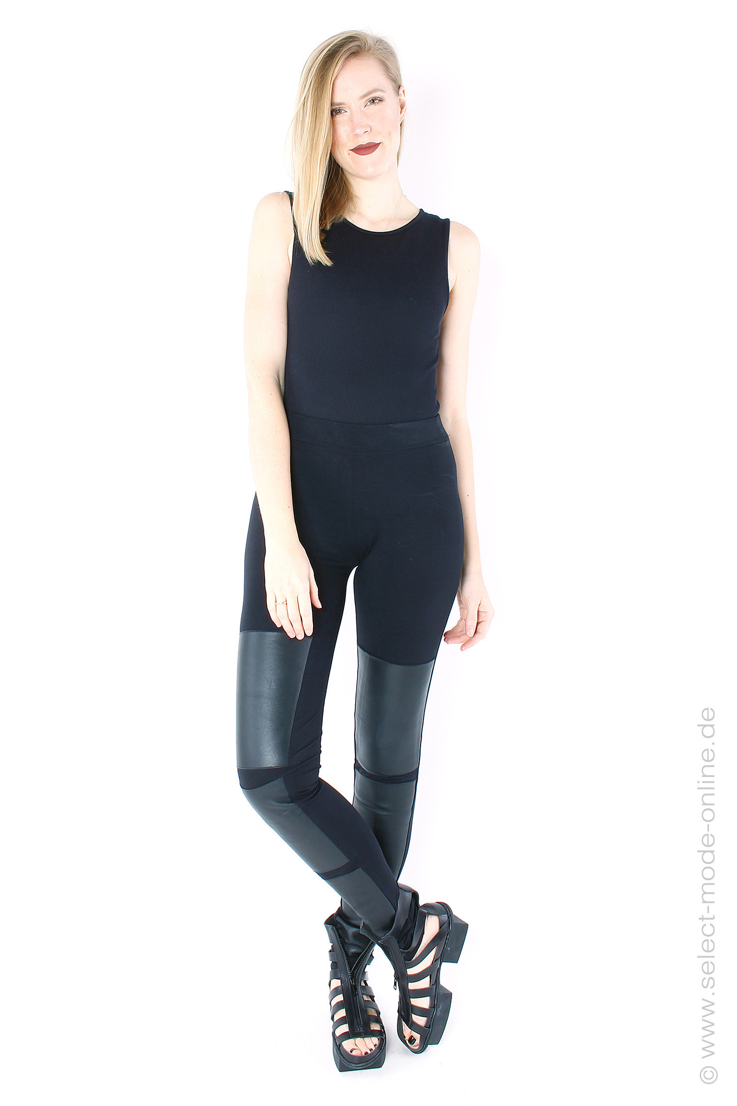 Leggings with leather - black