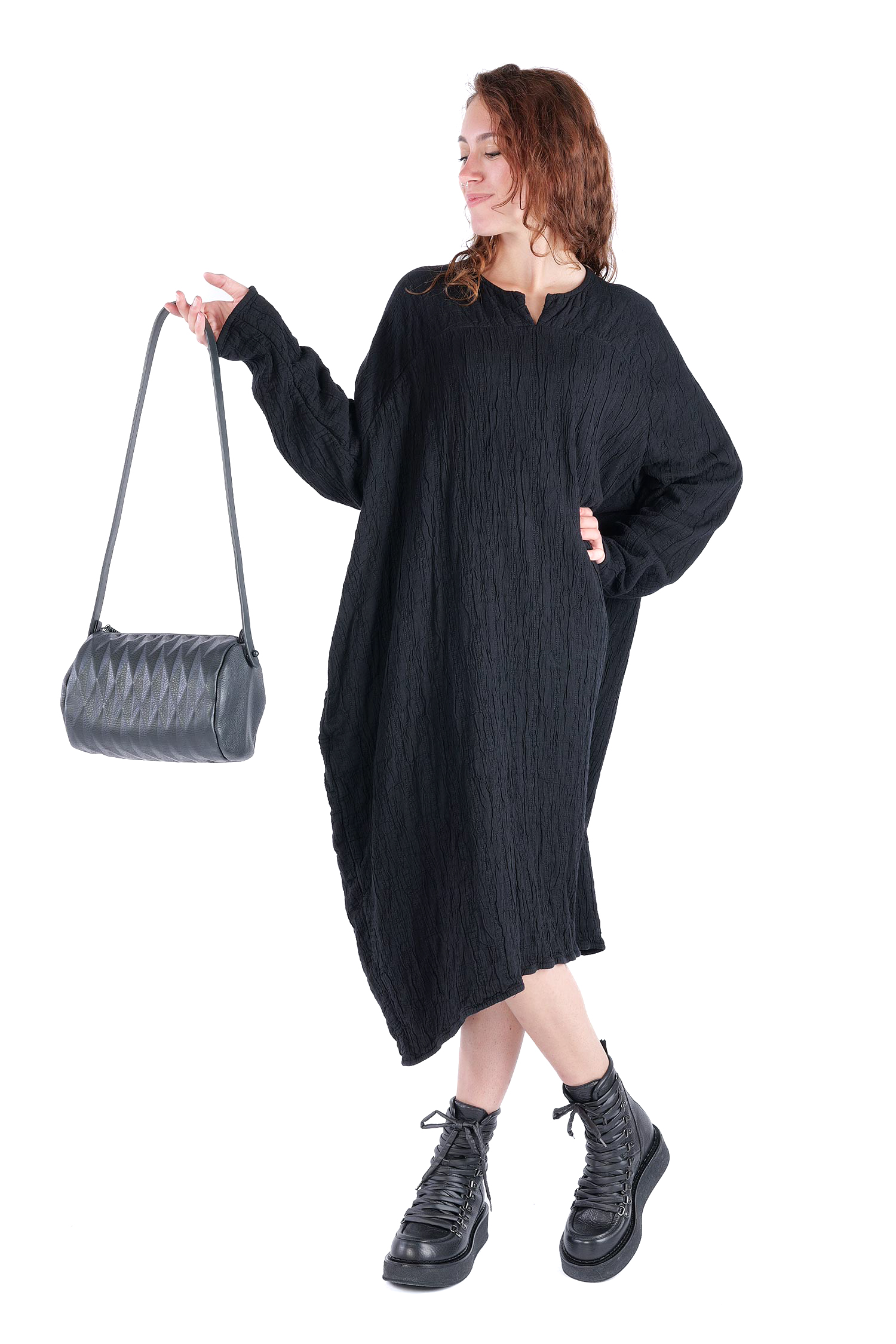 Leder Handtasche - Schwarz - Bowling Bag