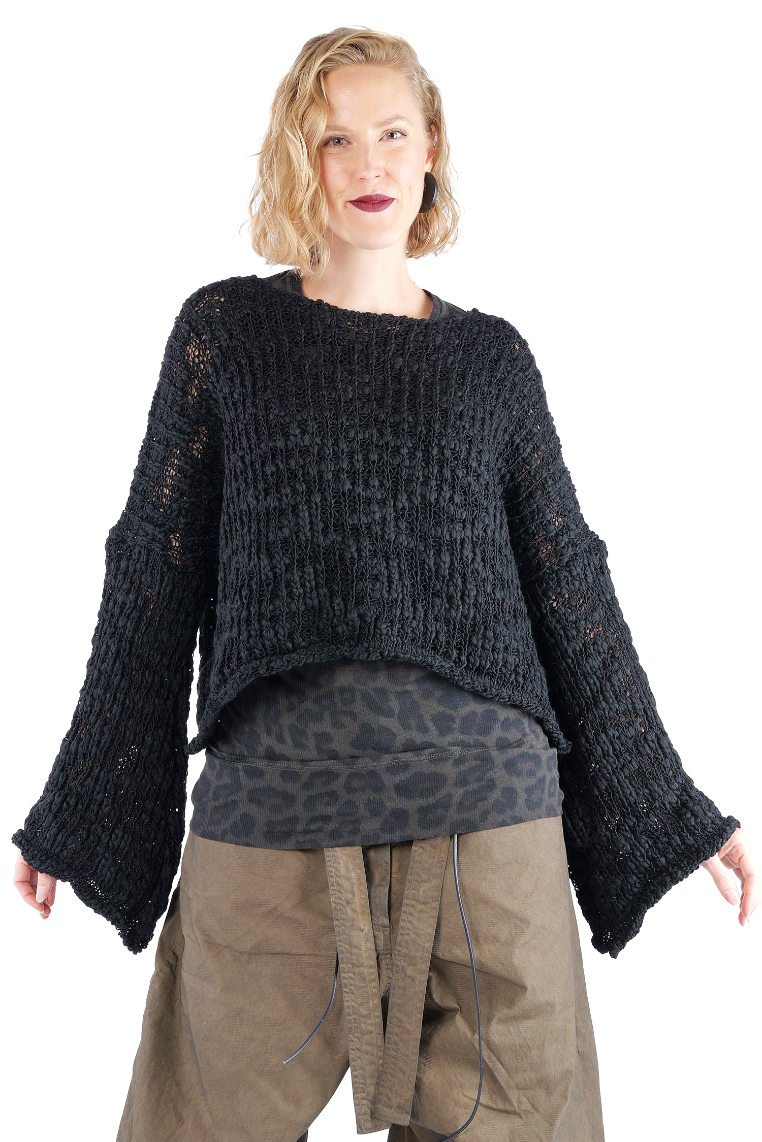 Kurzer Grobstrickpullover - Schwarz - W5520