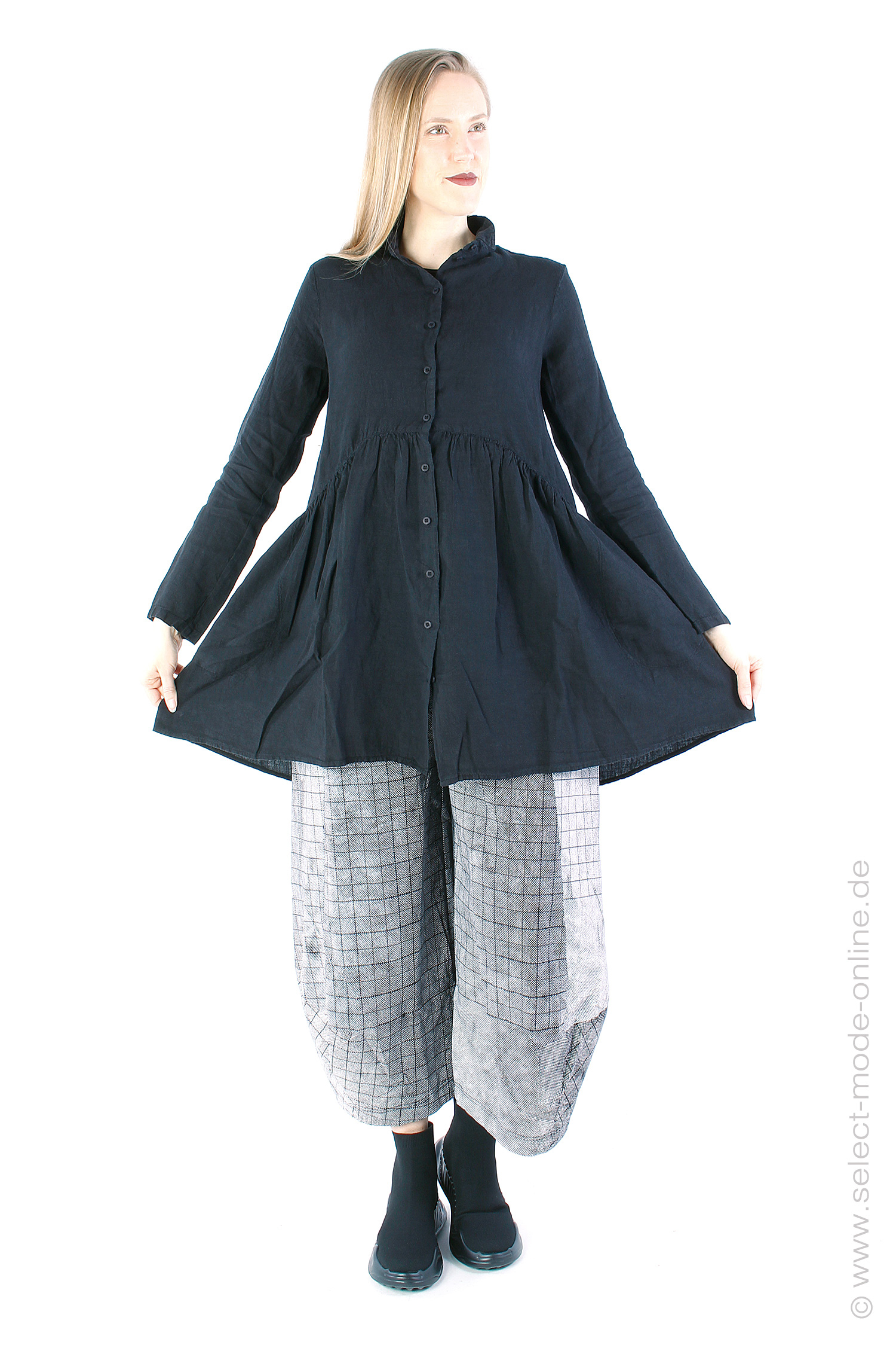 Linen blouse - Black - C14D164055 - Hide