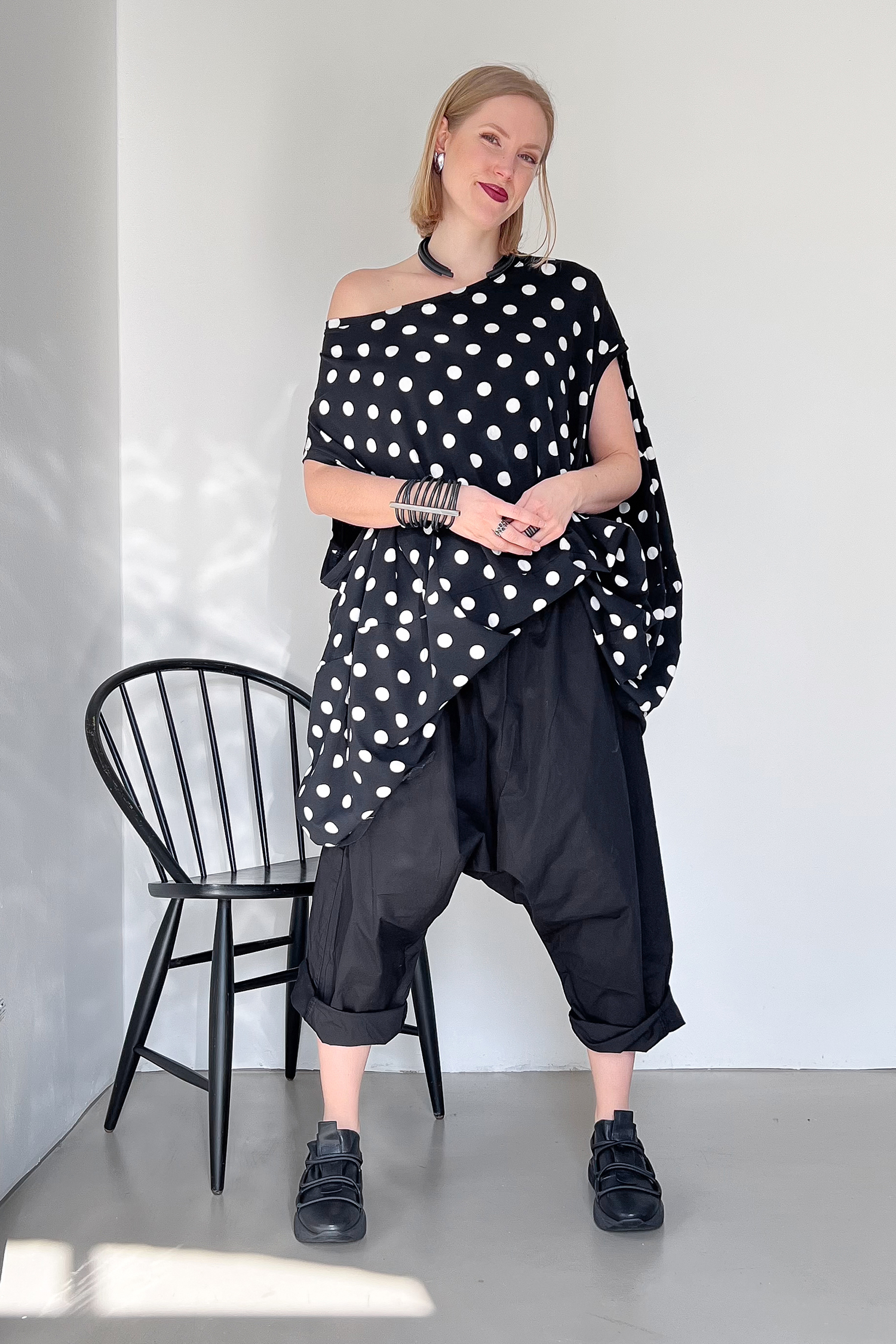 Oversize Balloon Kleid - Black white dots - 5019