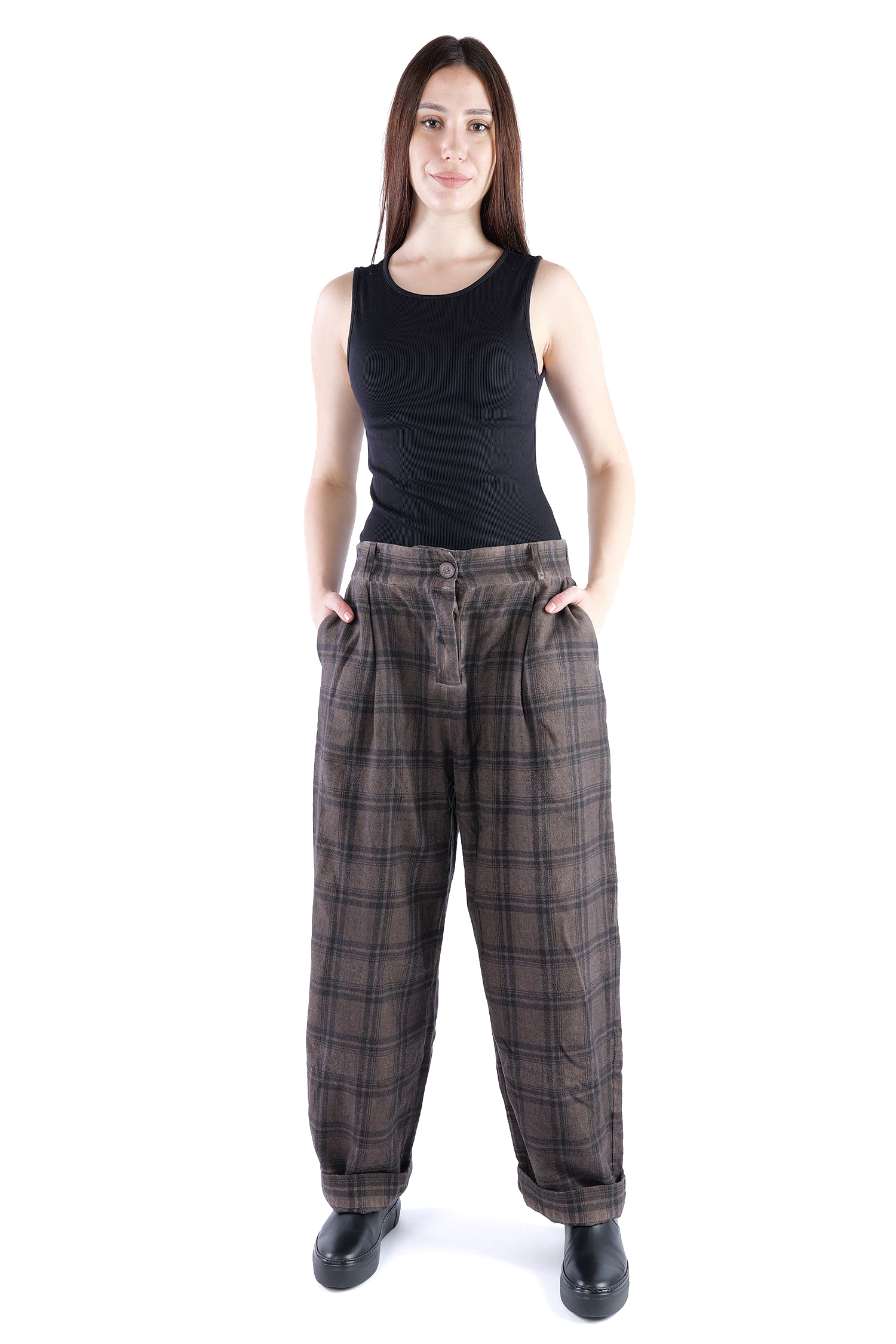 Pleated pants - Truffle old dye check - Casso