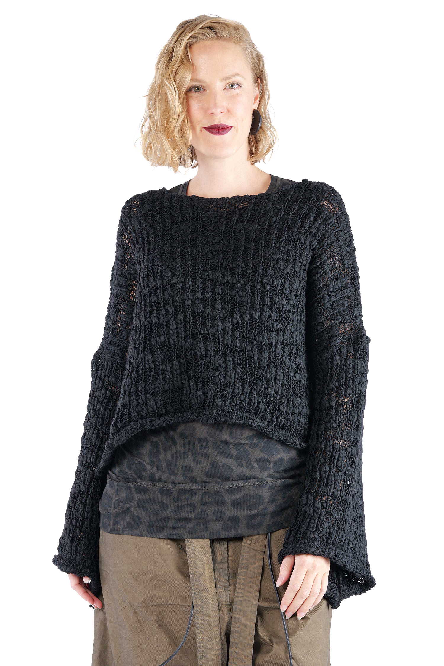 Kurzer Grobstrickpullover - Schwarz - W5520