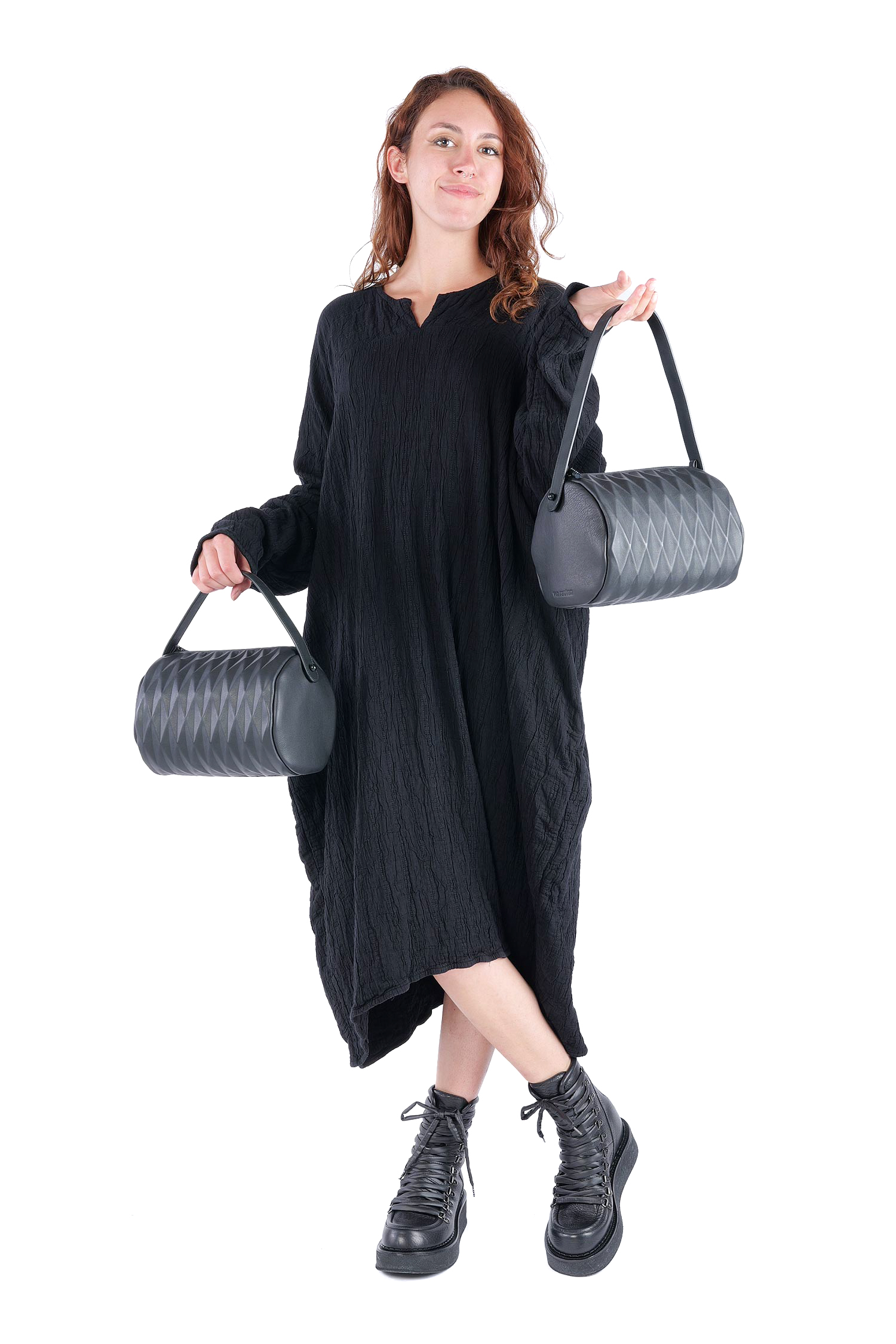 Leder Handtasche - Schwarz - Bowling Bag