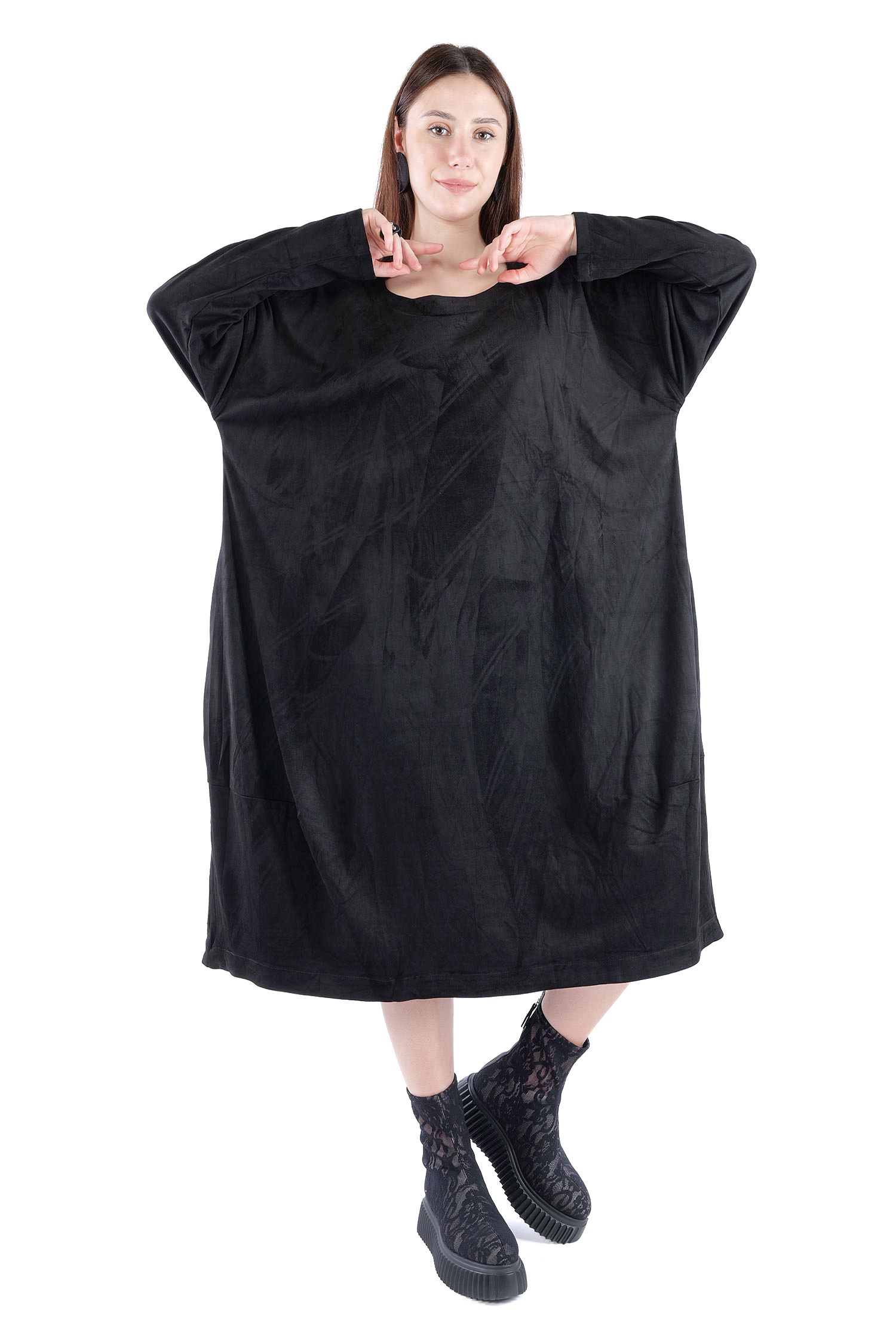 Velour-Optik Kleid - Schwarz - 2263300913