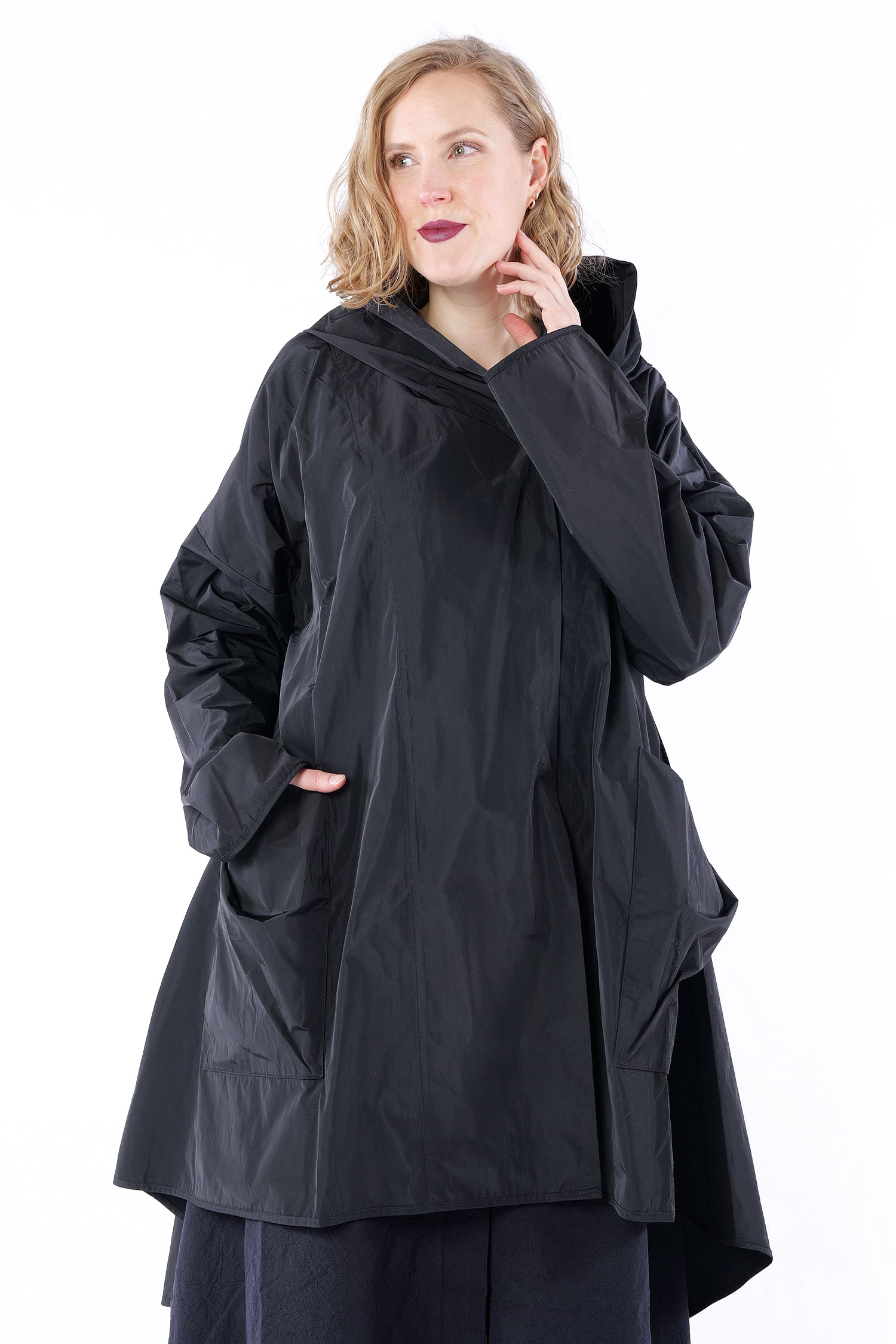 Lange Taft Wetterjacke - Schwarz -  SS26-78