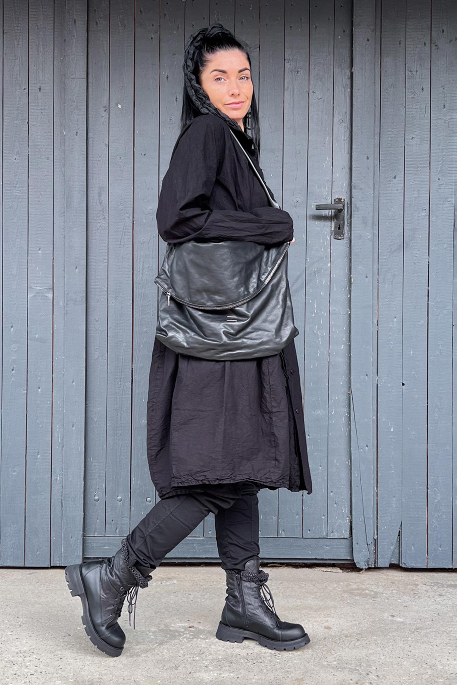 Leder Umhängetasche - Schwarz - Tina