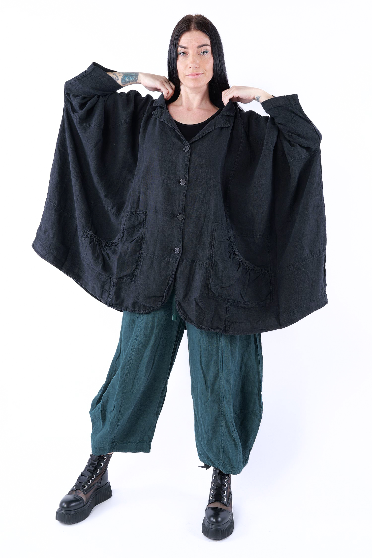 Oversize Leinenmantel - Schwarz - 1263541102