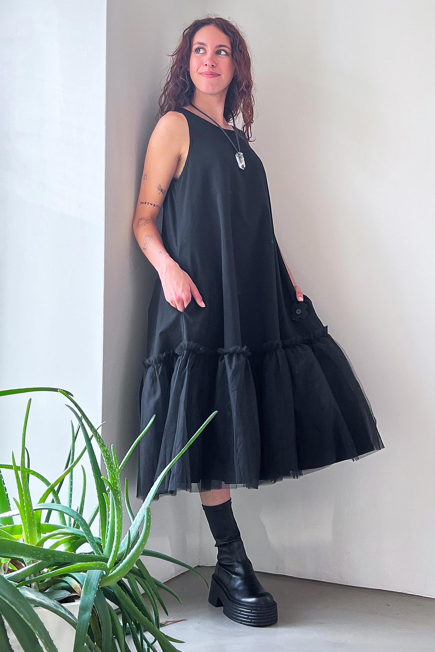 Stretchkleid mit Tüll - Black mesh - 1166