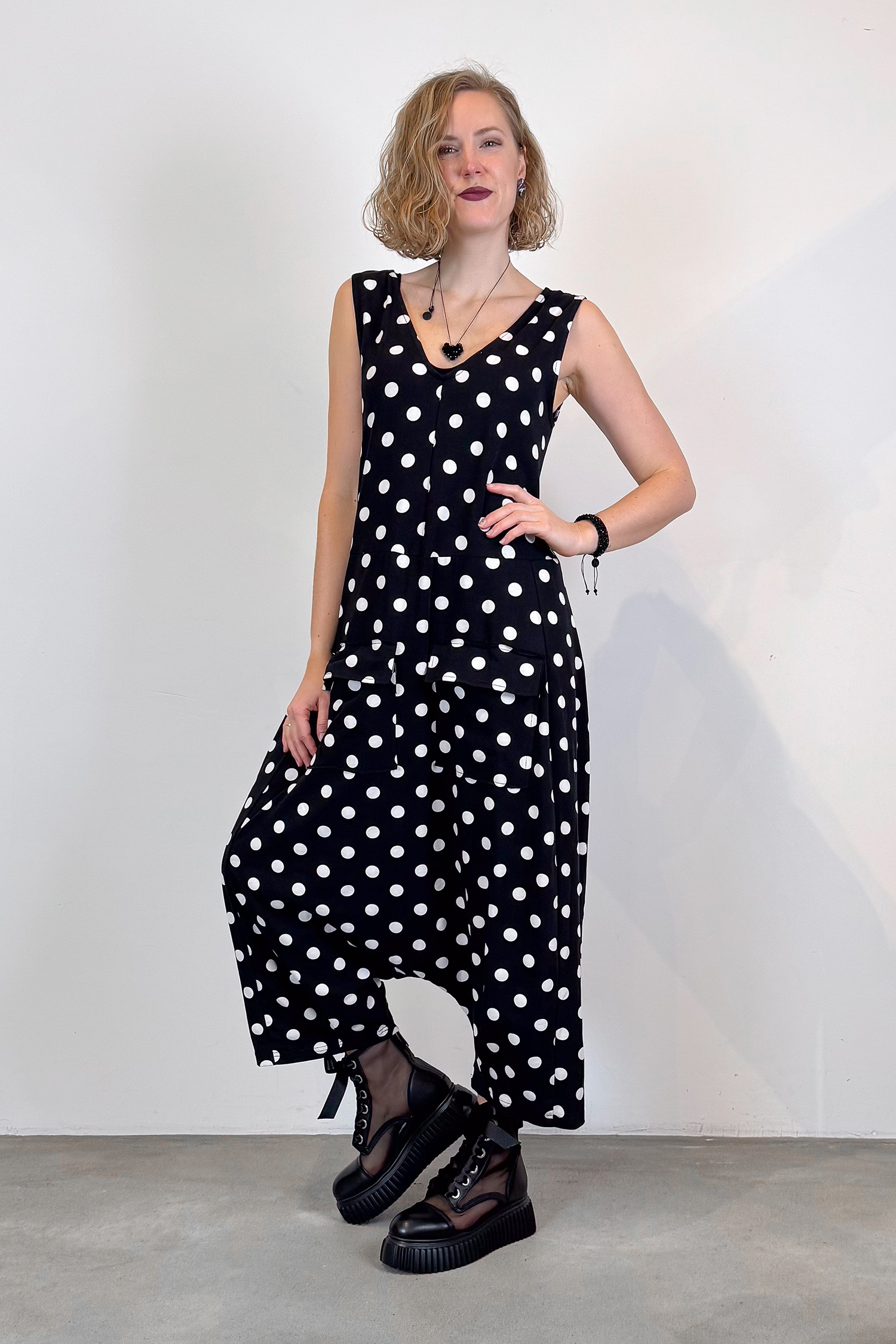 Jersey jumpsuit - Black white dots - 1076