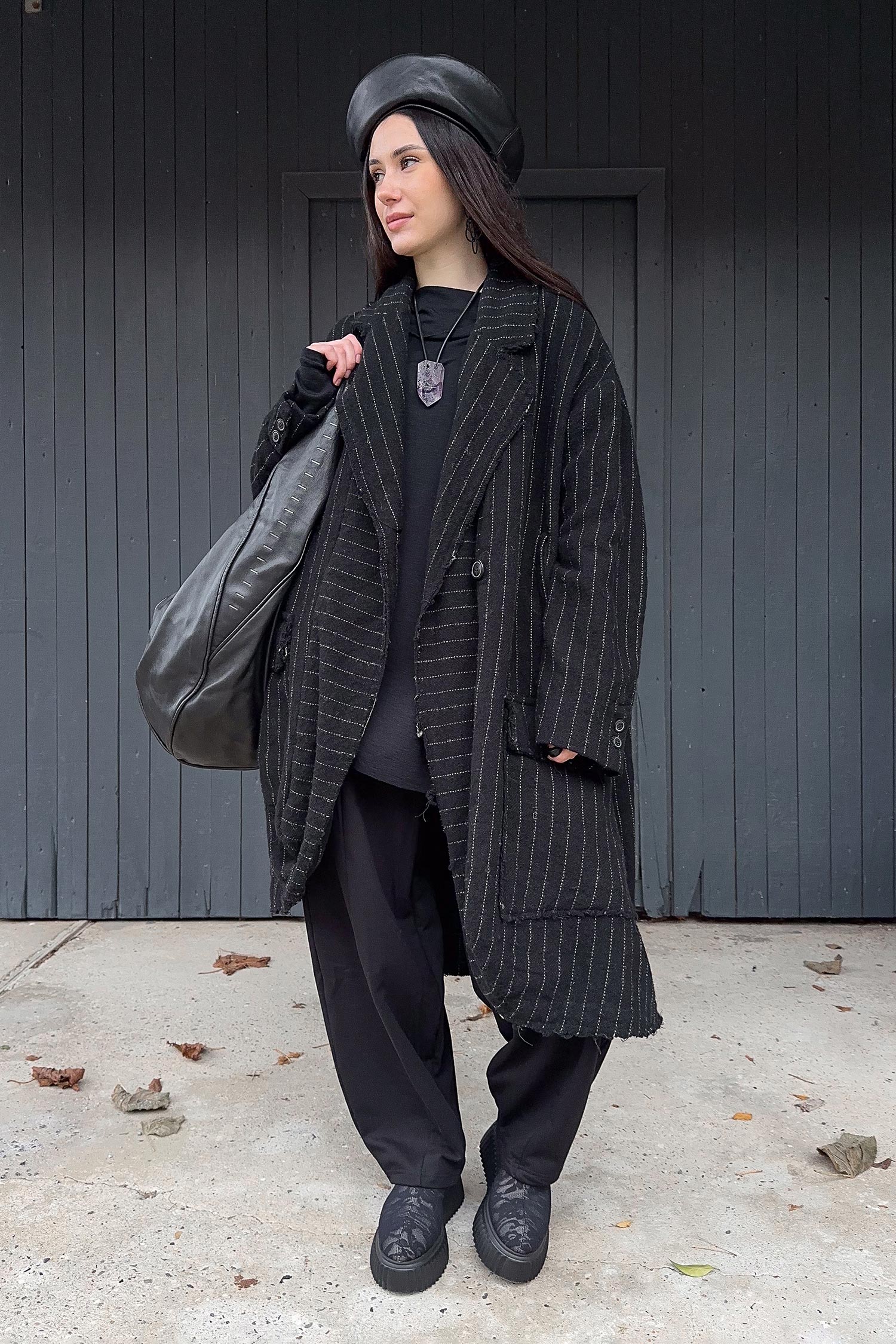 Oversize Wollmantel - Black stripe - 2261151209