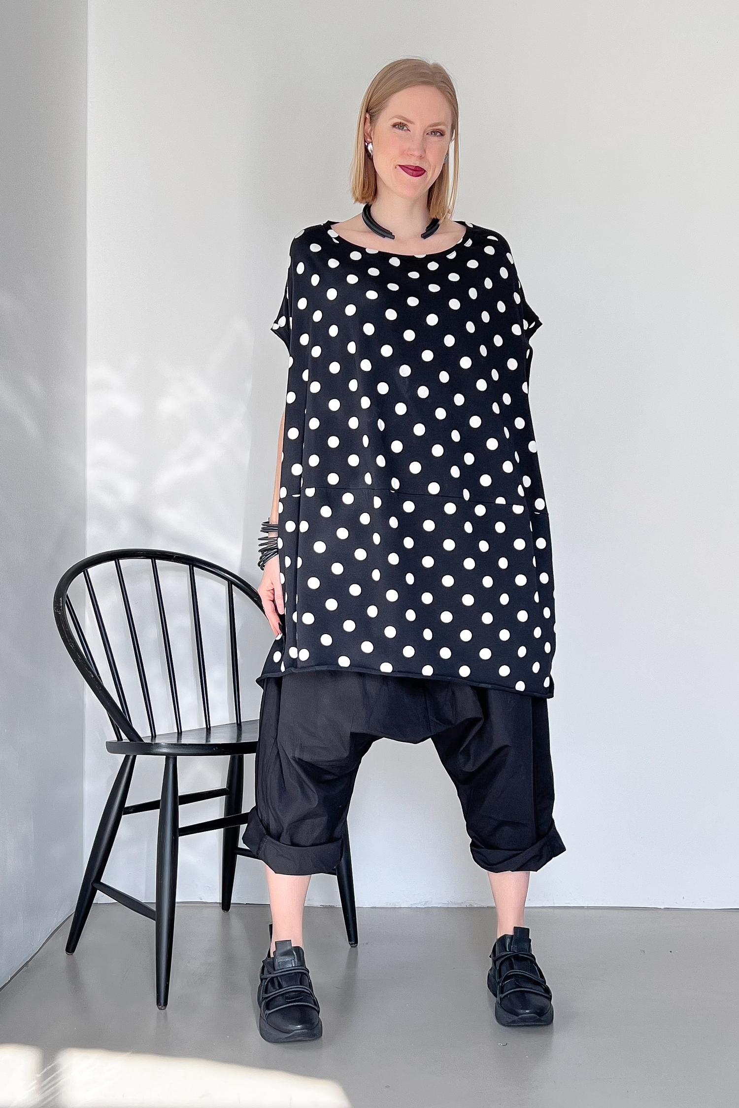 Oversize balloon dress - Black white dots - 5019