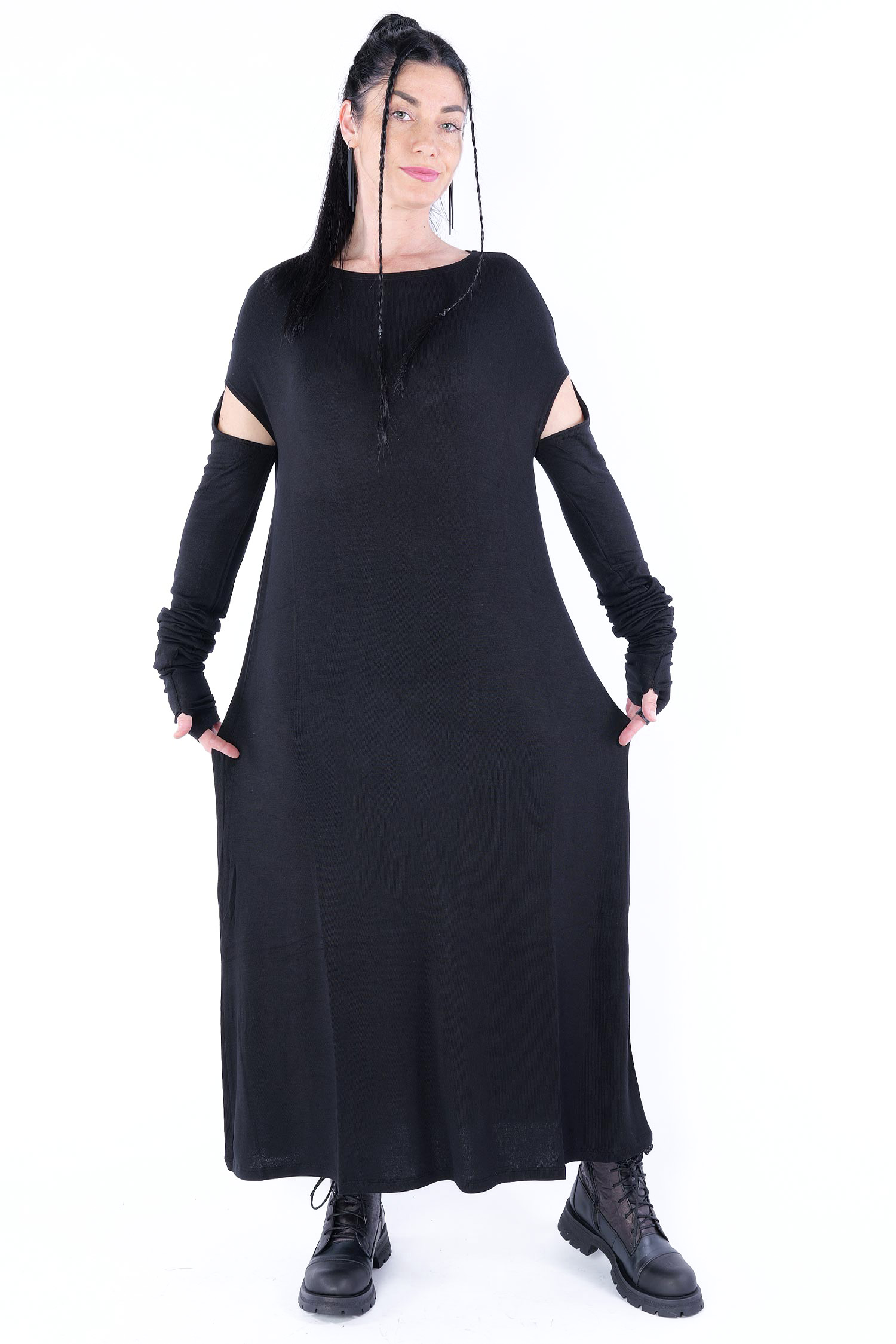 Langes Jerseykleid - Schwarz - A107
