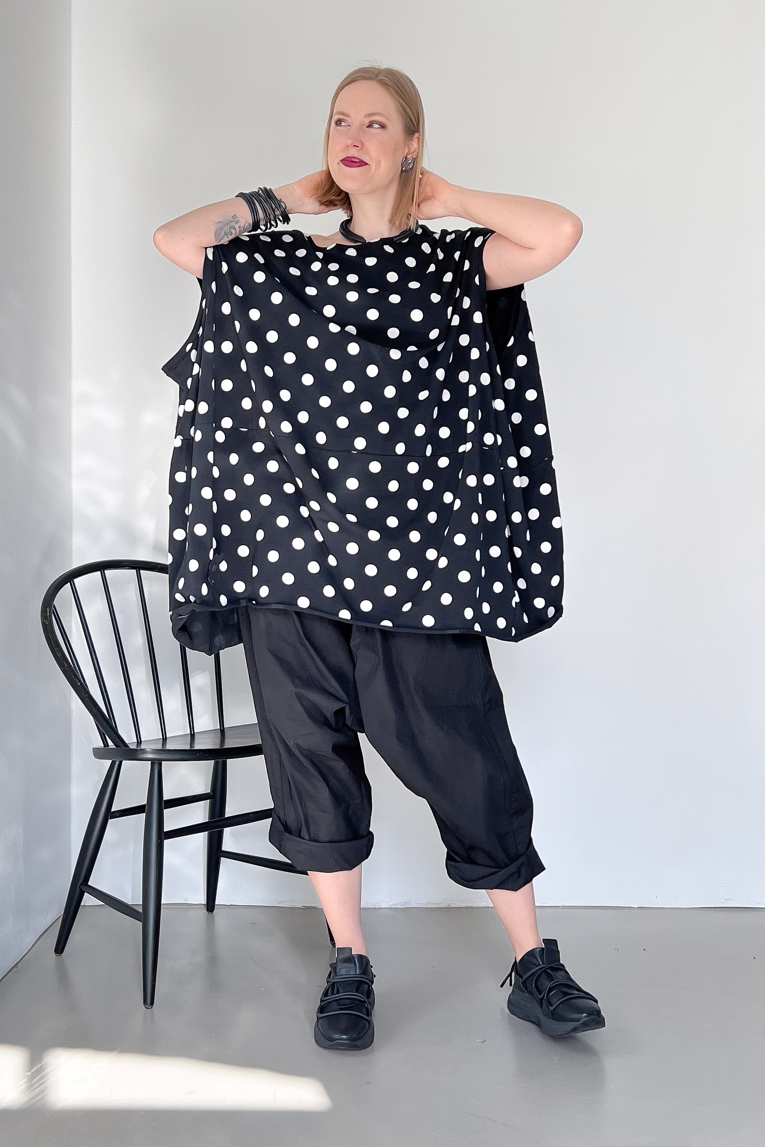 Oversize Balloon Kleid - Black white dots - 5019