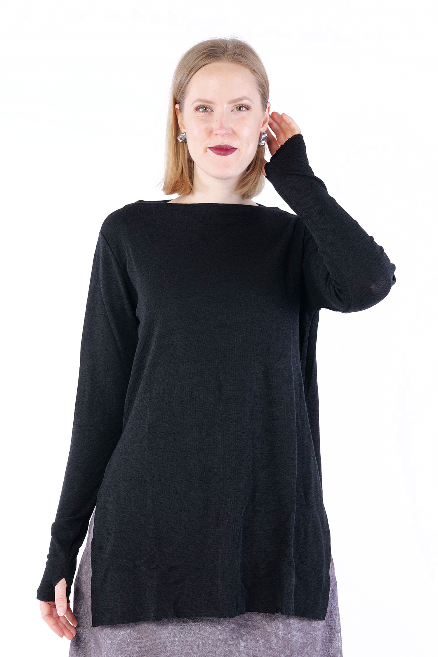 Langer Merinopullover - Schwarz - 6040