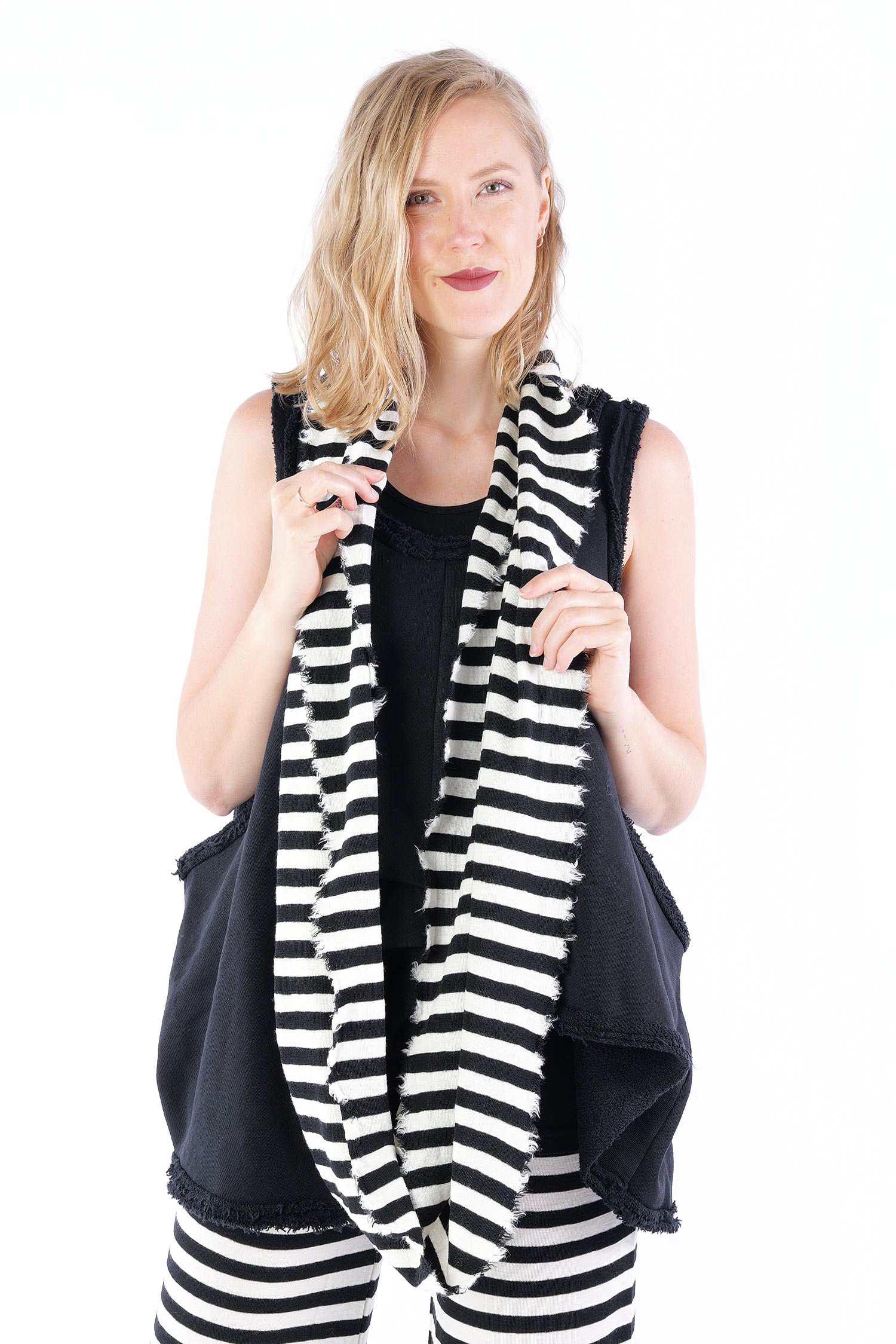 Merino Loop Schal - White-Black breite Streifen - 1013