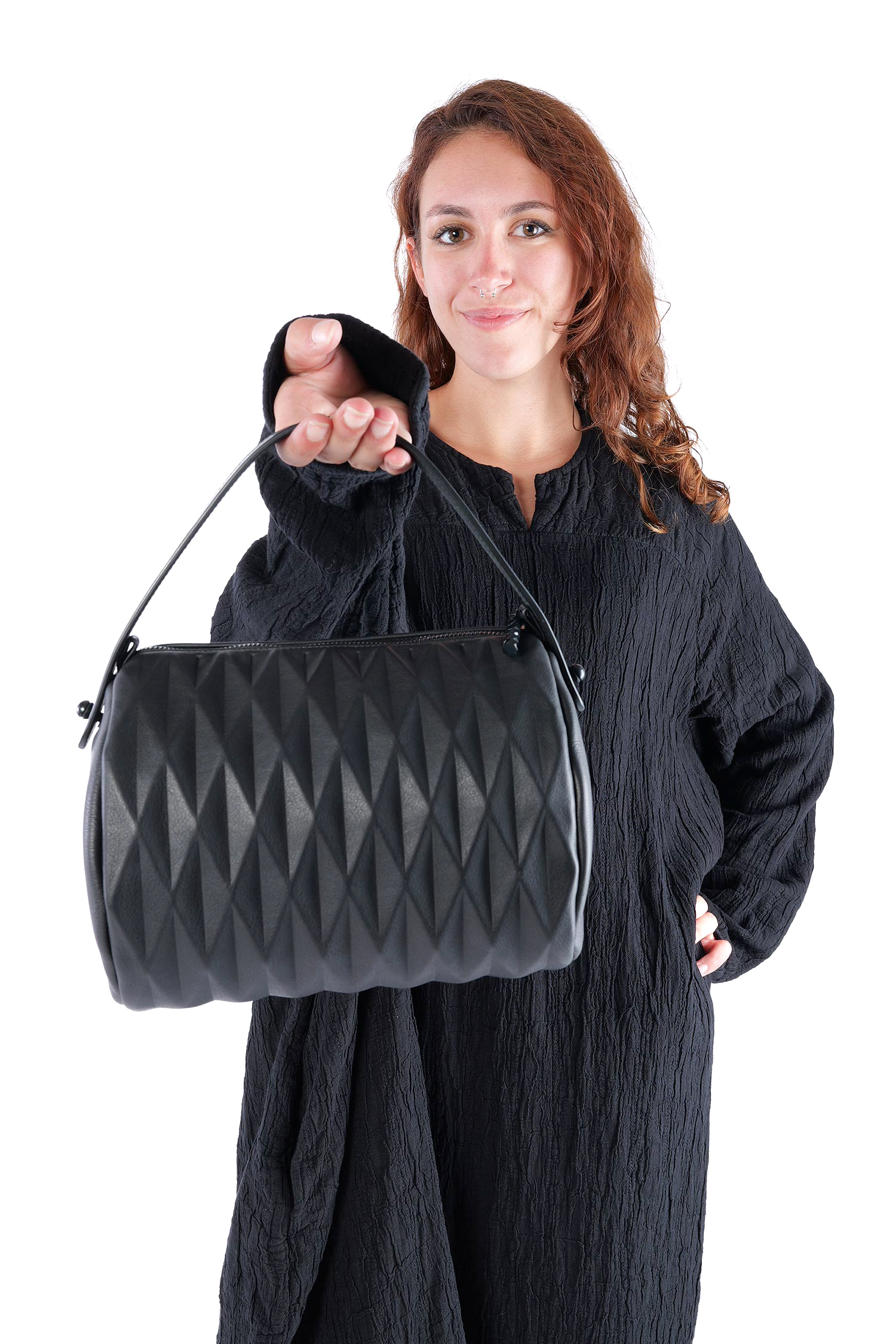 Leder Handtasche - Schwarz - Bowling Bag